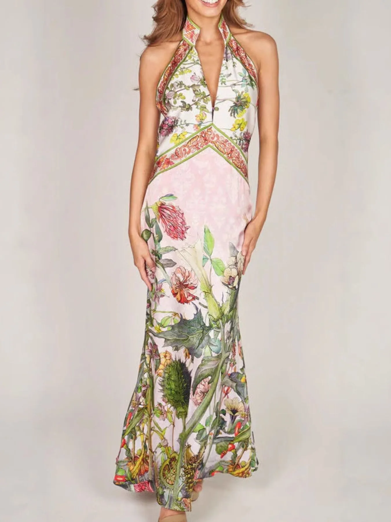 Printed Halter Neck Backless Maxi Dress