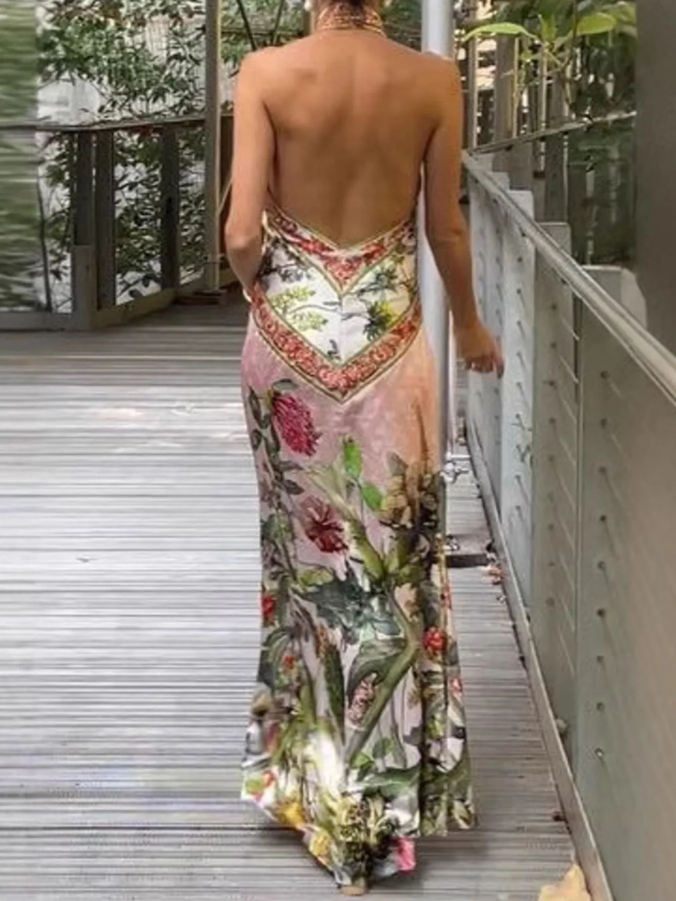 Printed Halter Neck Backless Maxi Dress - Image 5