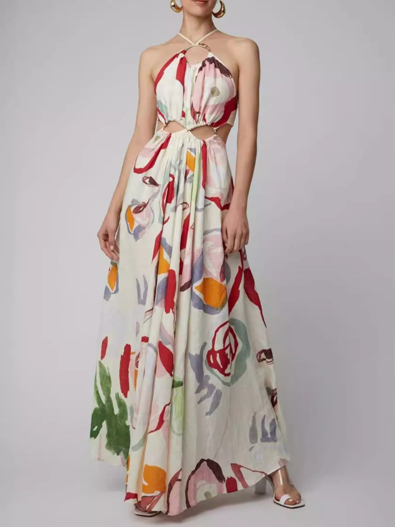 Printed Halter Neck Cut-Out Maxi Dress