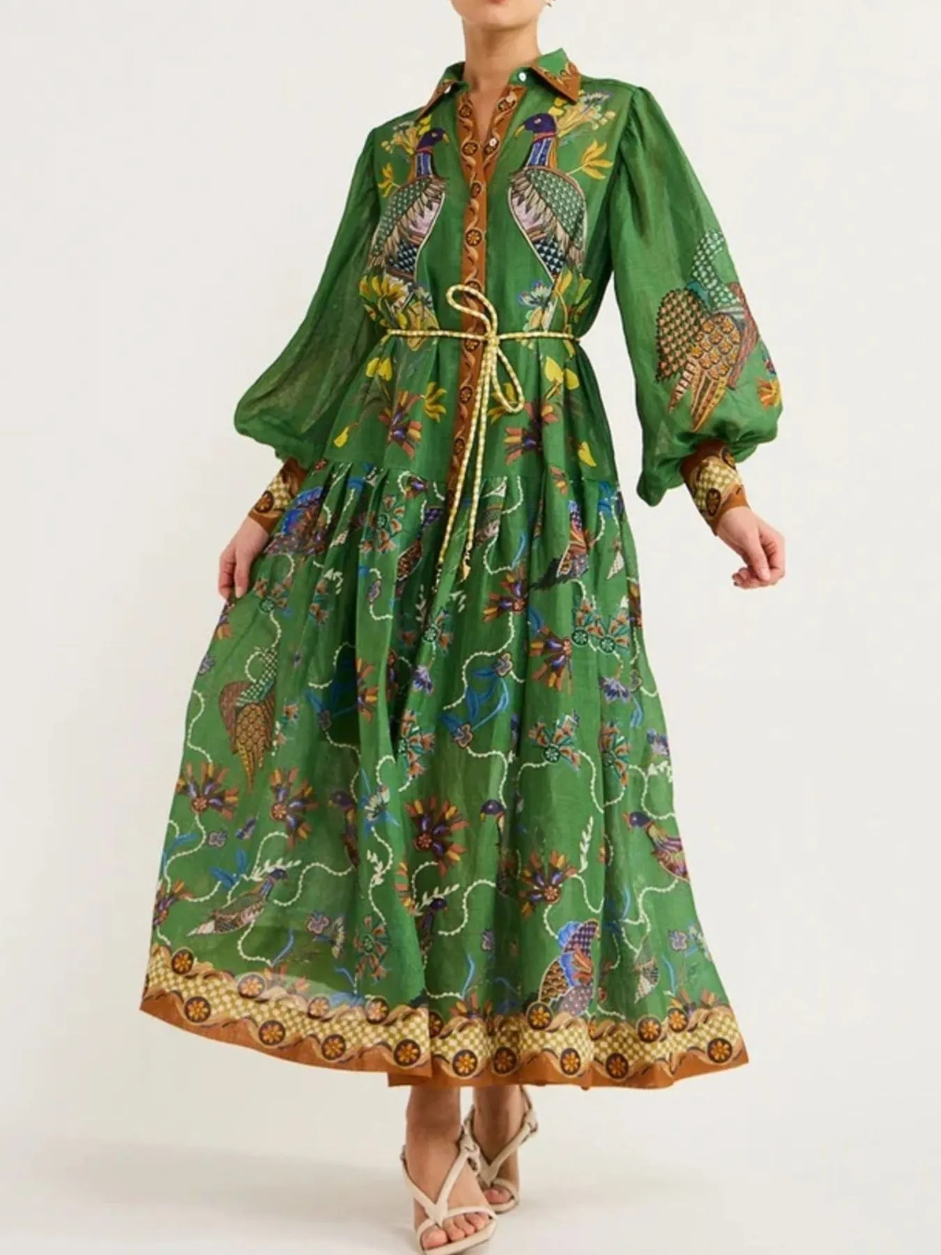Printed Lantern Sleeve Maxi Shirt Dress - Image 5