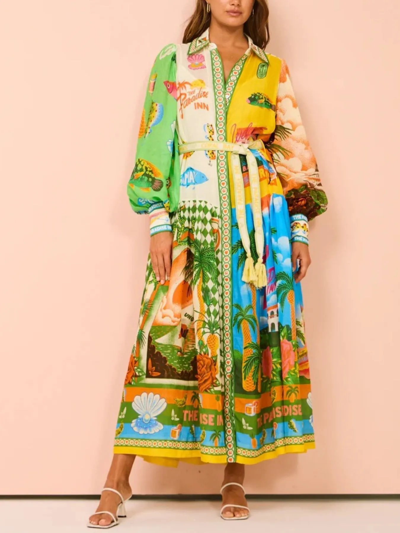 Printed Lantern Sleeve Midi Shirt Dress - Image 3