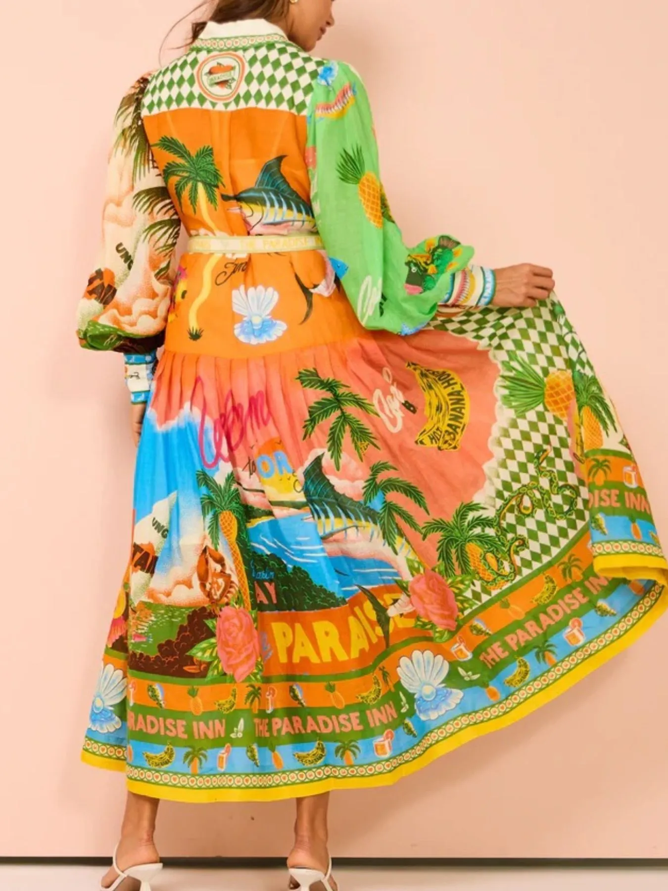 Printed Lantern Sleeve Midi Shirt Dress - Image 4