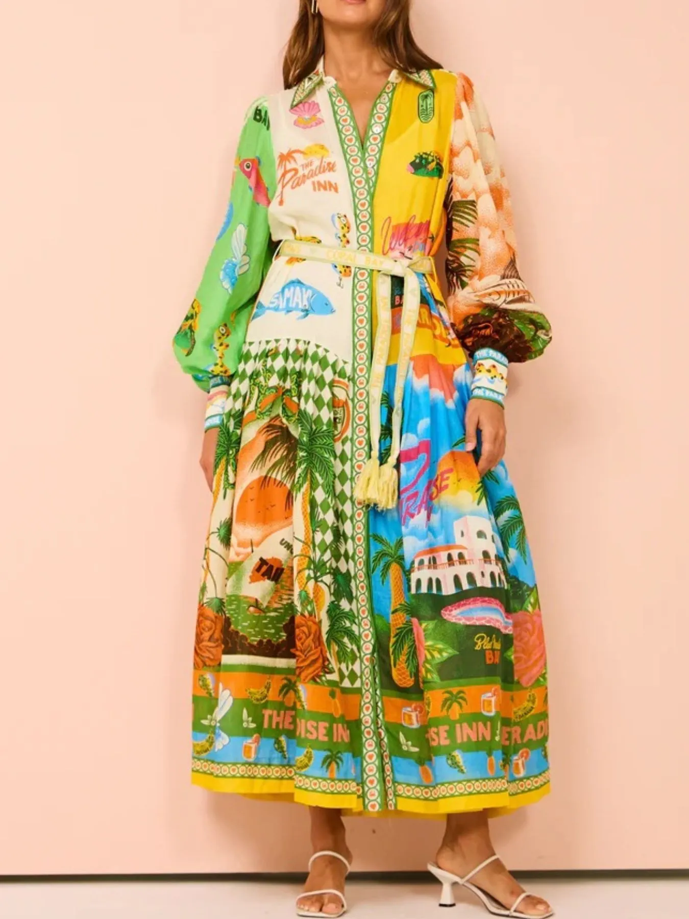 Printed Lantern Sleeve Midi Shirt Dress - Image 5