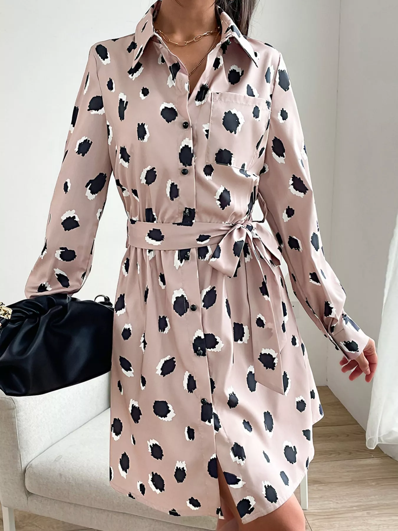 Printed Long Sleeve Mini Shirt Dress - Image 4
