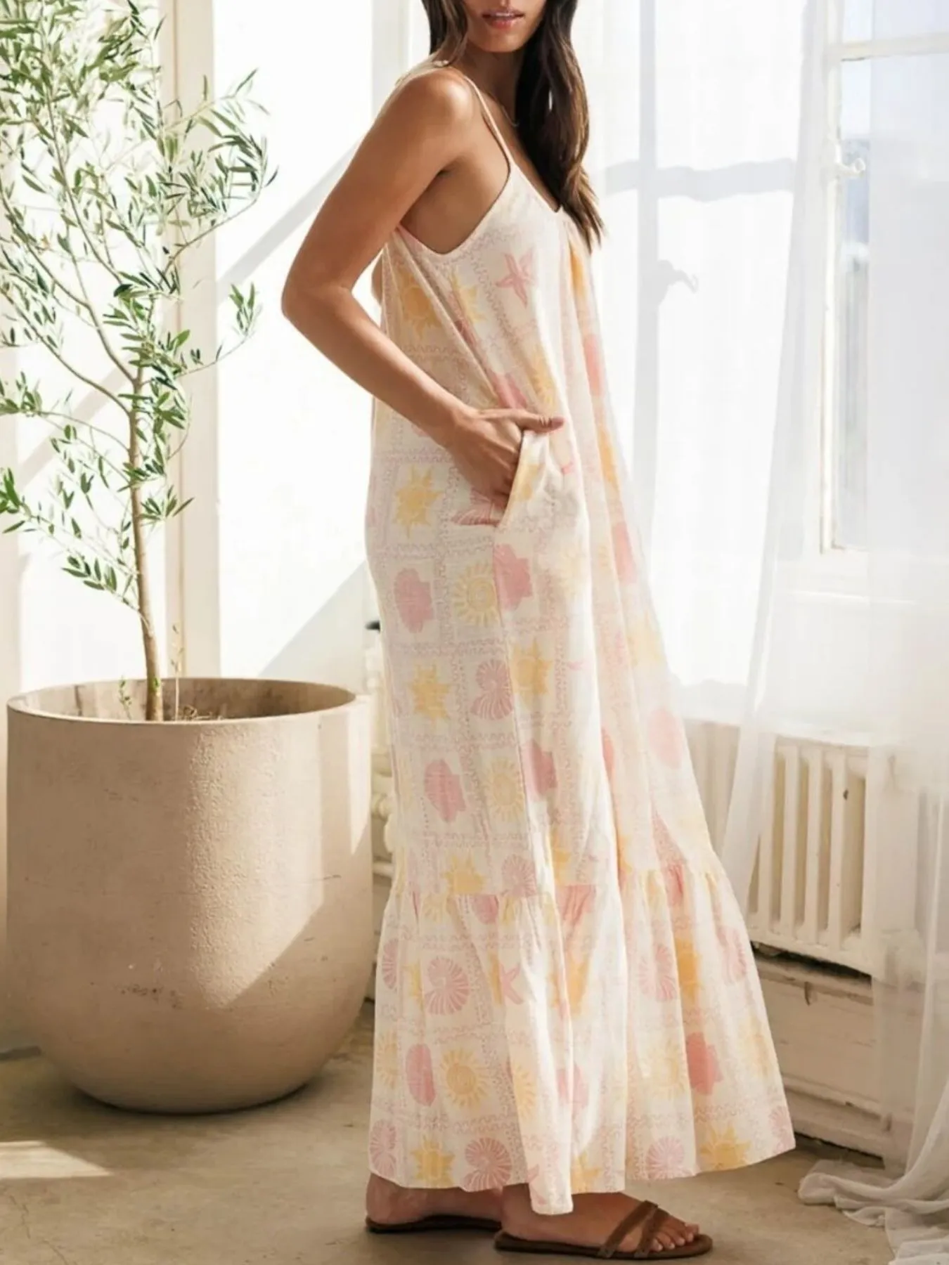 Printed Maxi Lounge Dress with Ruffled Hem - Image 2