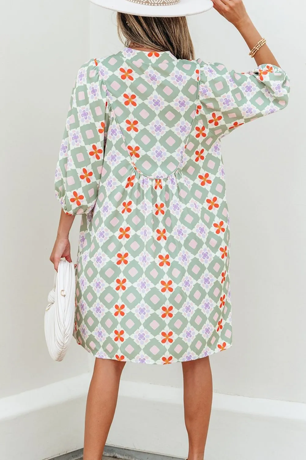 Printed Notched 3/4 Balloon Sleeves Loose Dress - Image 2