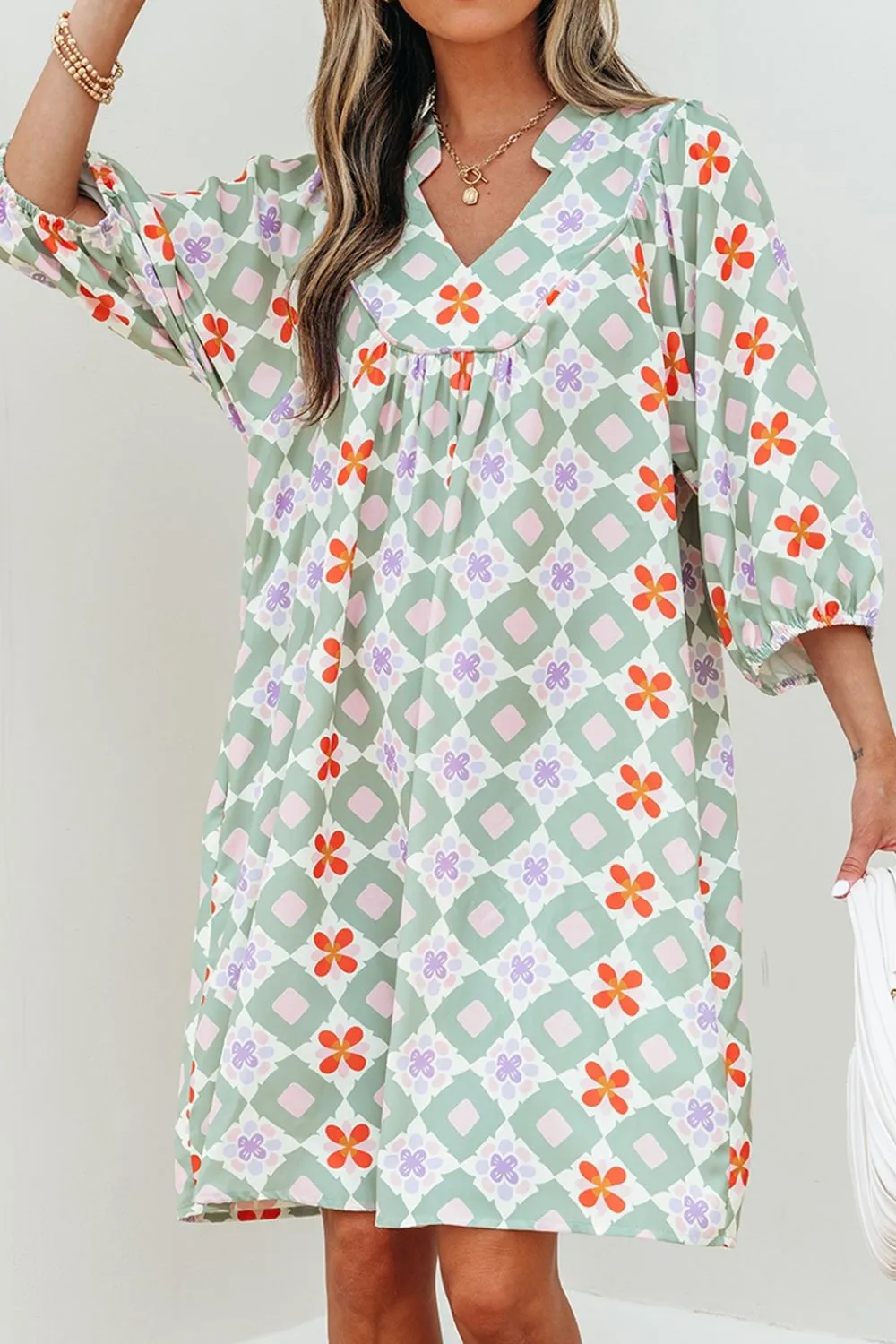 Printed Notched 3/4 Balloon Sleeves Loose Dress - Image 3