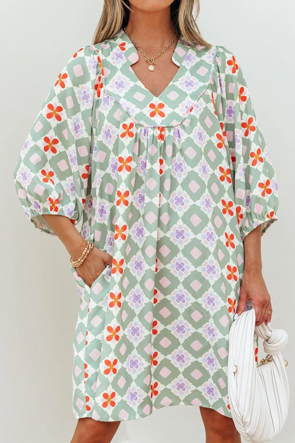Printed Notched 3/4 Balloon Sleeves Loose Dress - Image 4