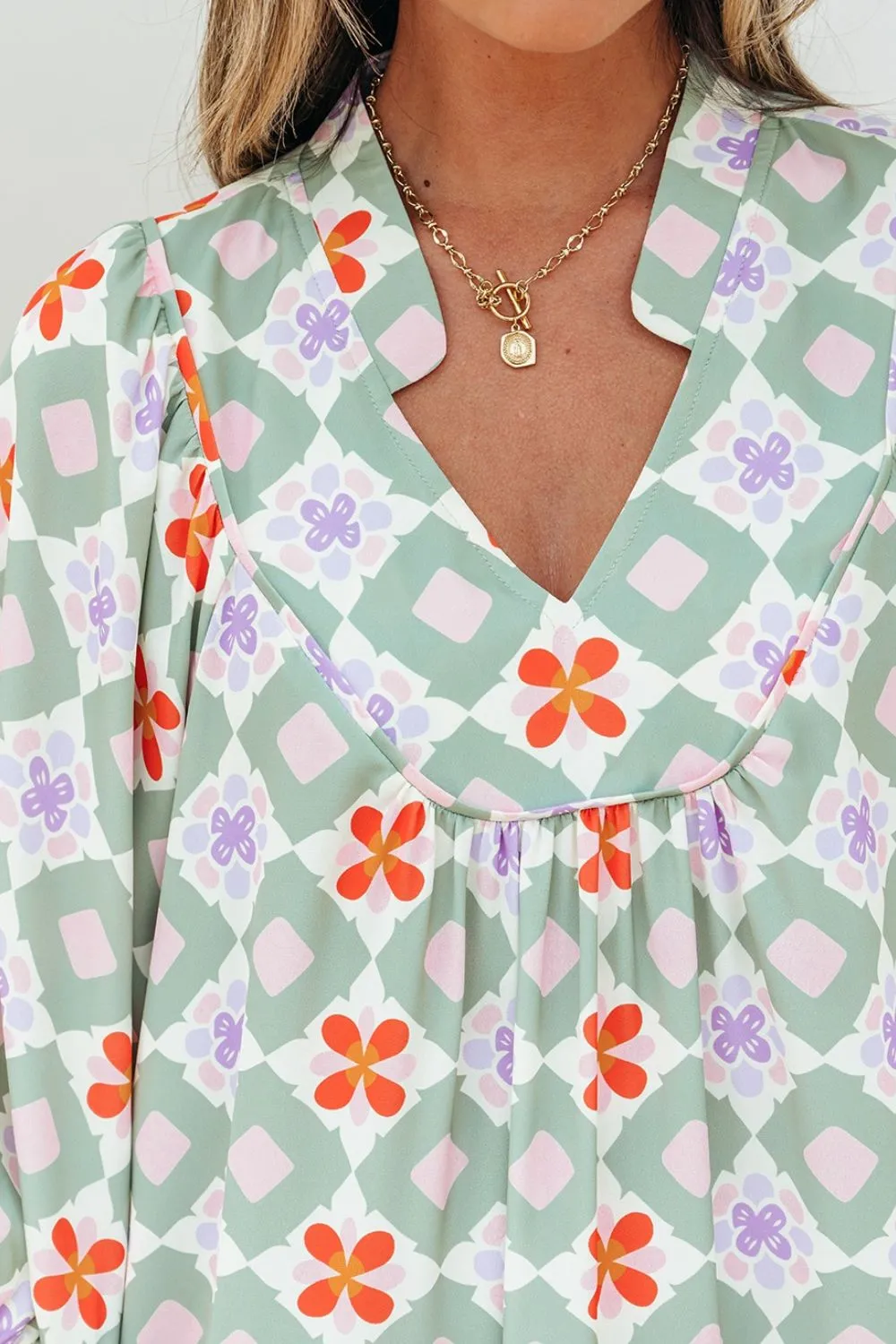 Printed Notched 3/4 Balloon Sleeves Loose Dress - Image 5