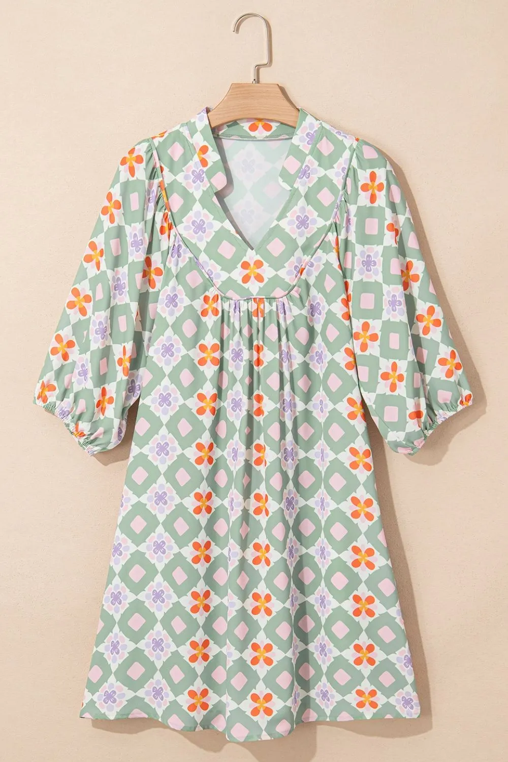 Printed Notched 3/4 Balloon Sleeves Loose Dress - Image 6