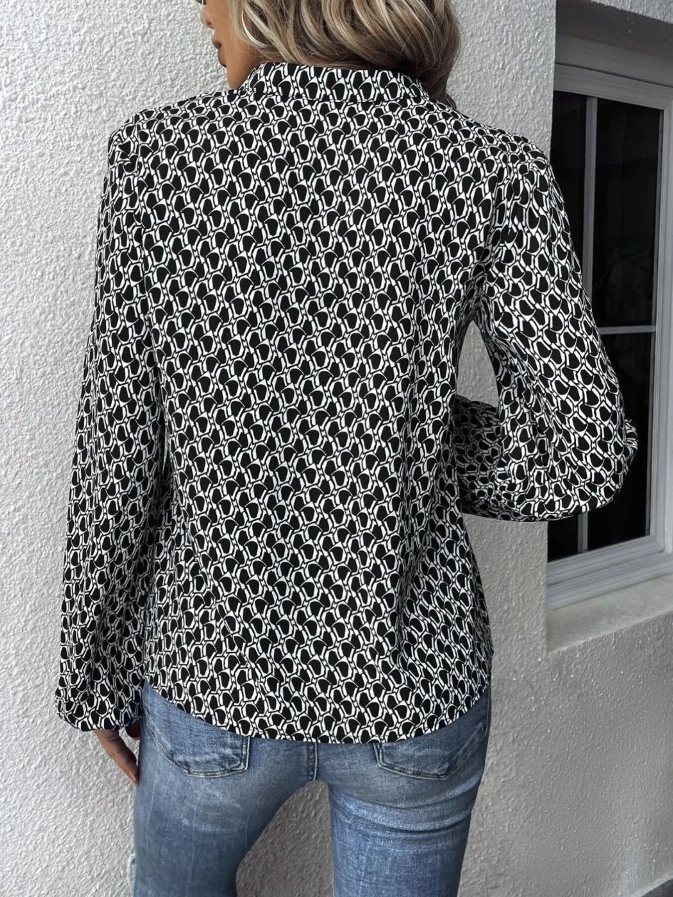Printed Notched Balloon Sleeve Blouse - Image 13