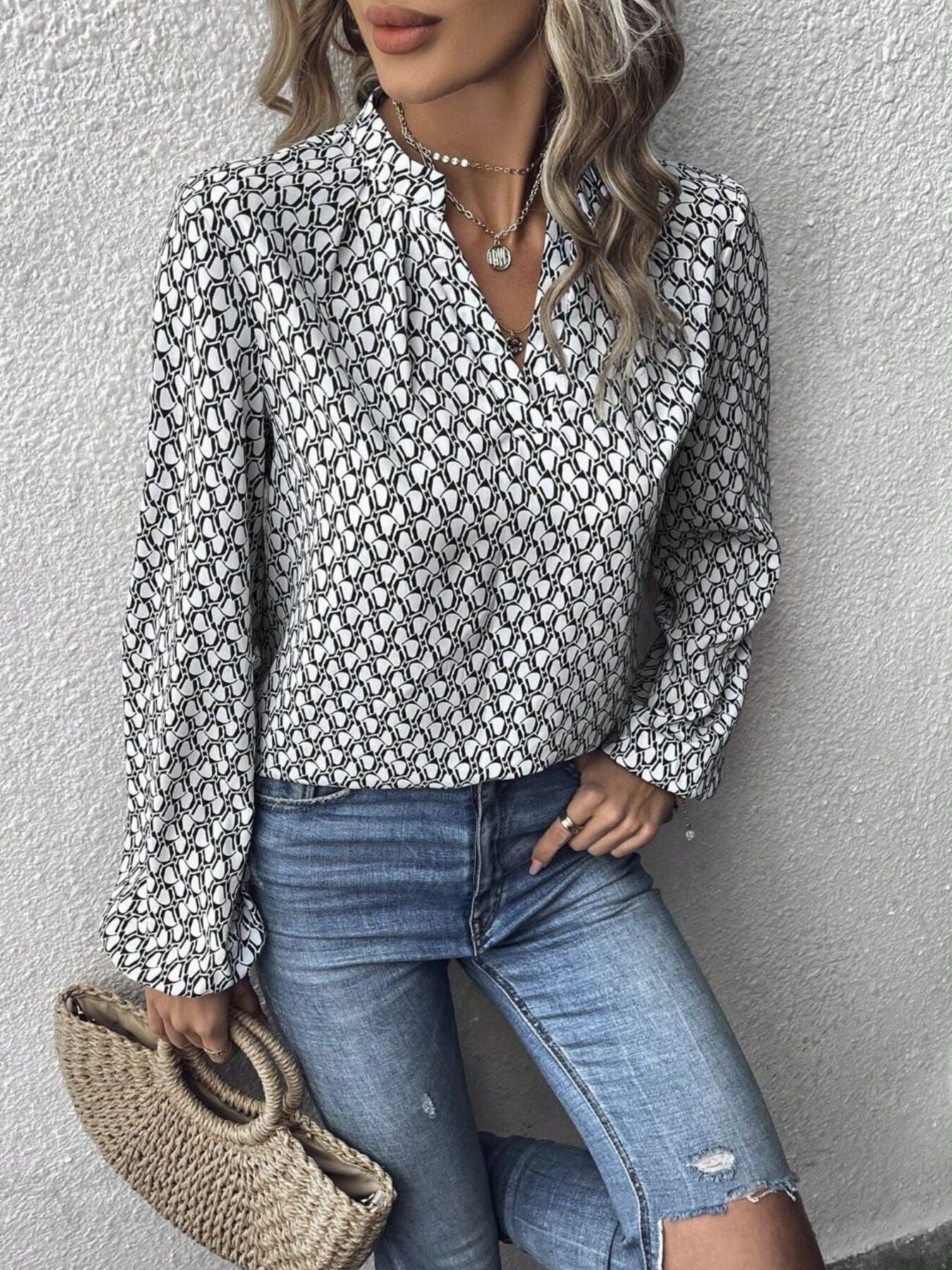 Printed Notched Balloon Sleeve Blouse - Image 4