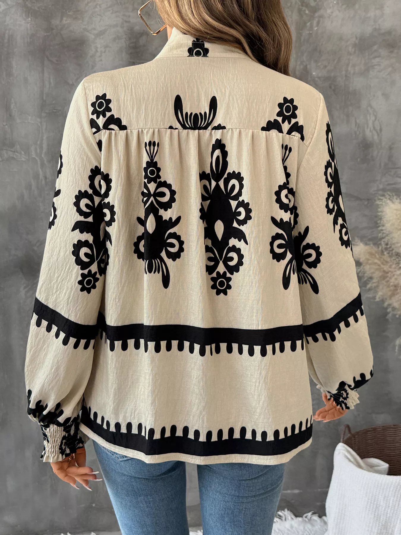 Printed Notched Lantern Sleeve Blouse - Image 6