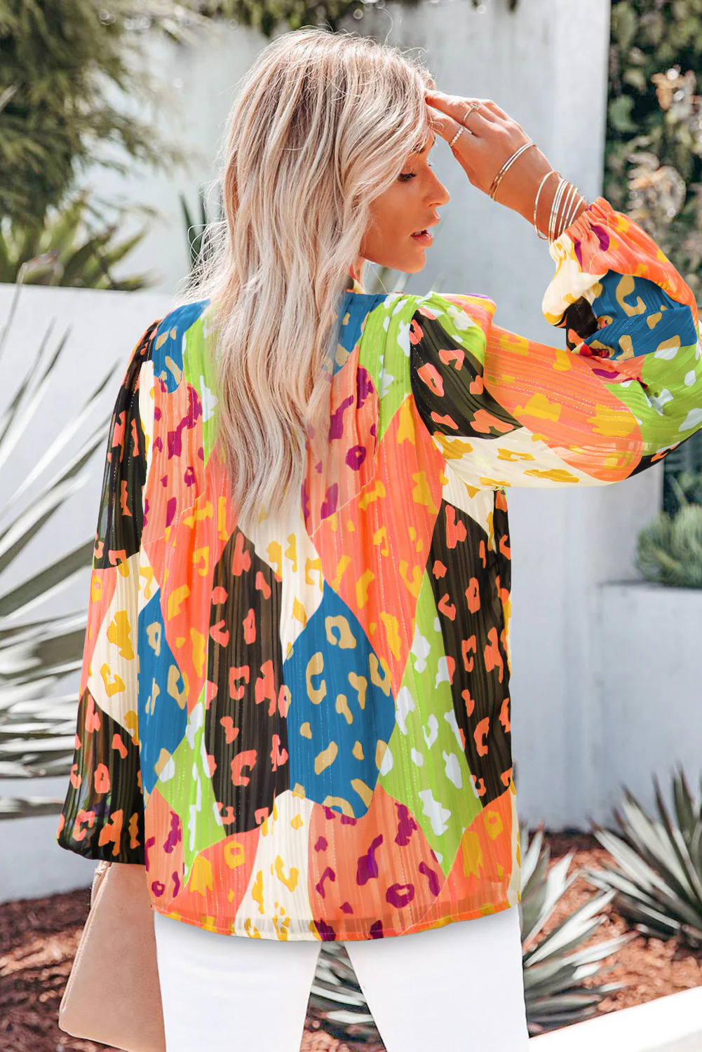 Printed Notched Long Sleeve Blouse - Image 12