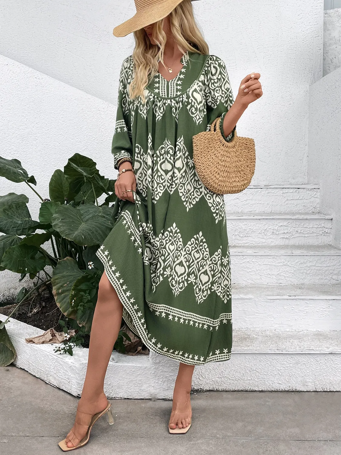 Printed Notched Midi Dress with Pockets - Image 4