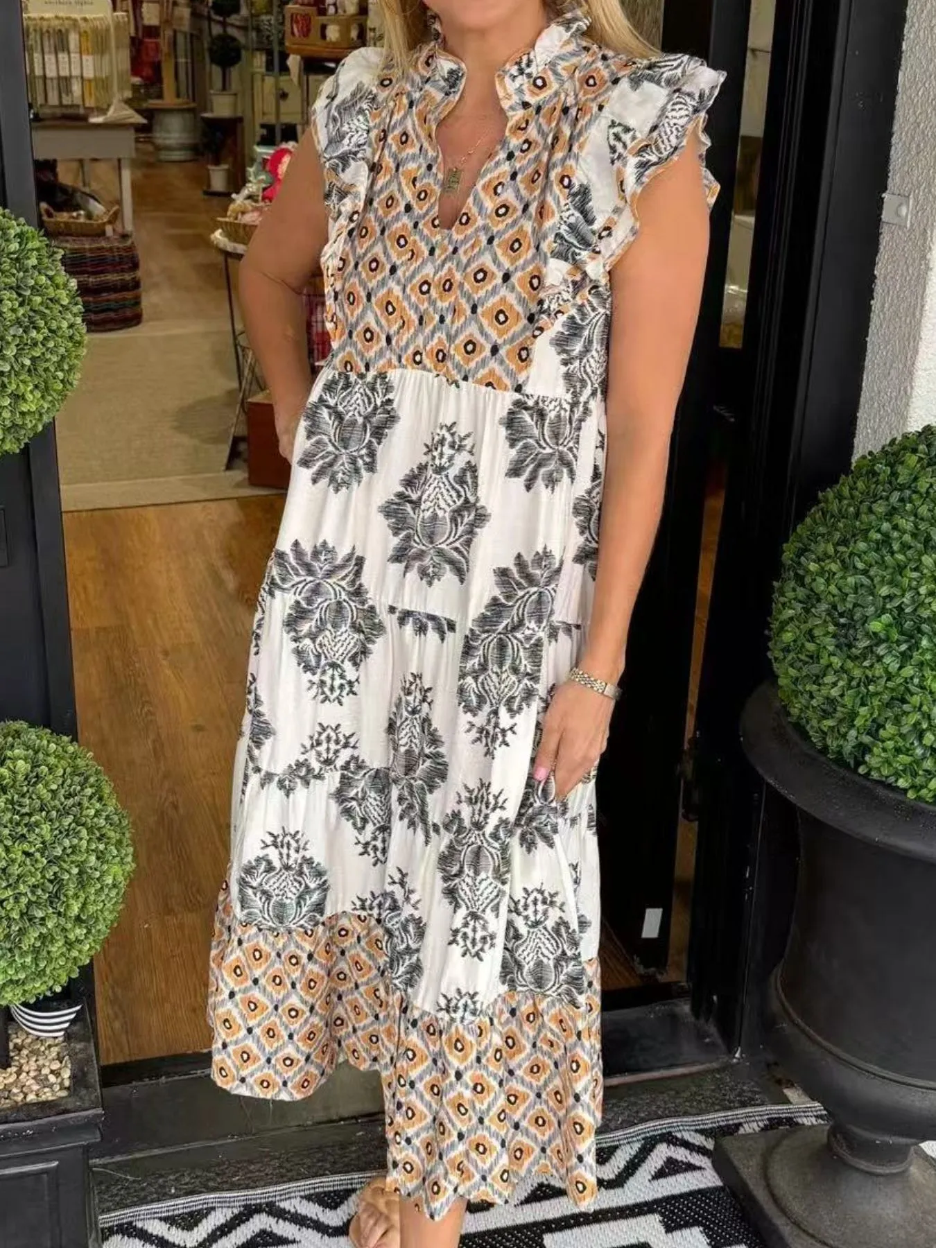 Printed Notched Ruffled Cap Sleeve Dress - Image 12