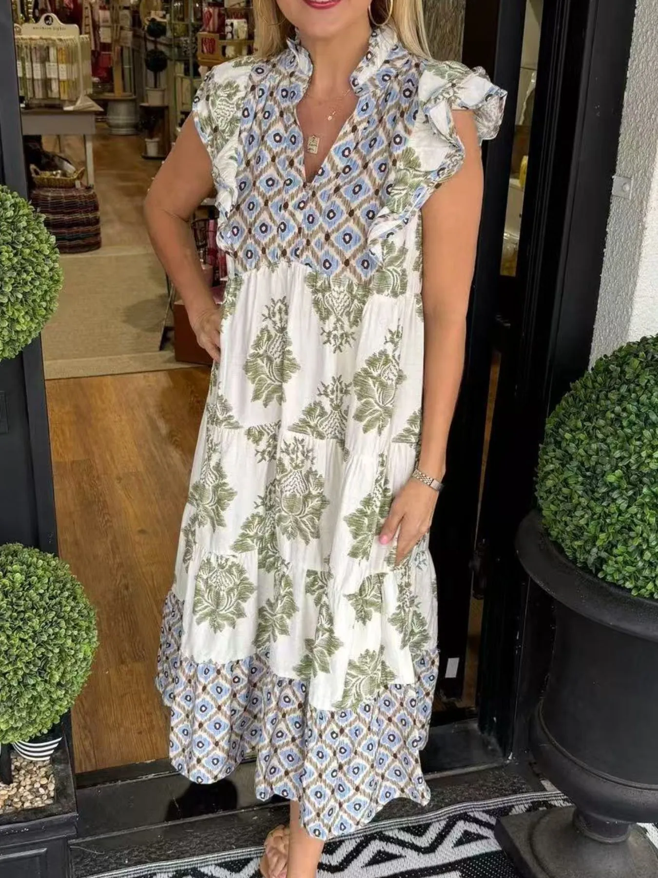 Printed Notched Ruffled Cap Sleeve Dress - Image 7