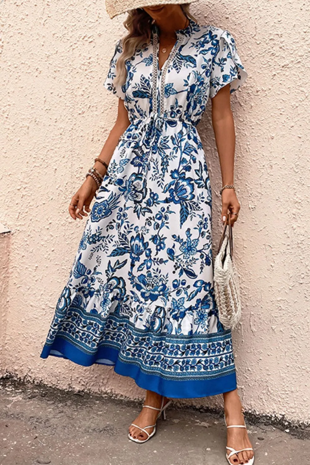 Printed Notched Short Sleeve Dress - Image 5