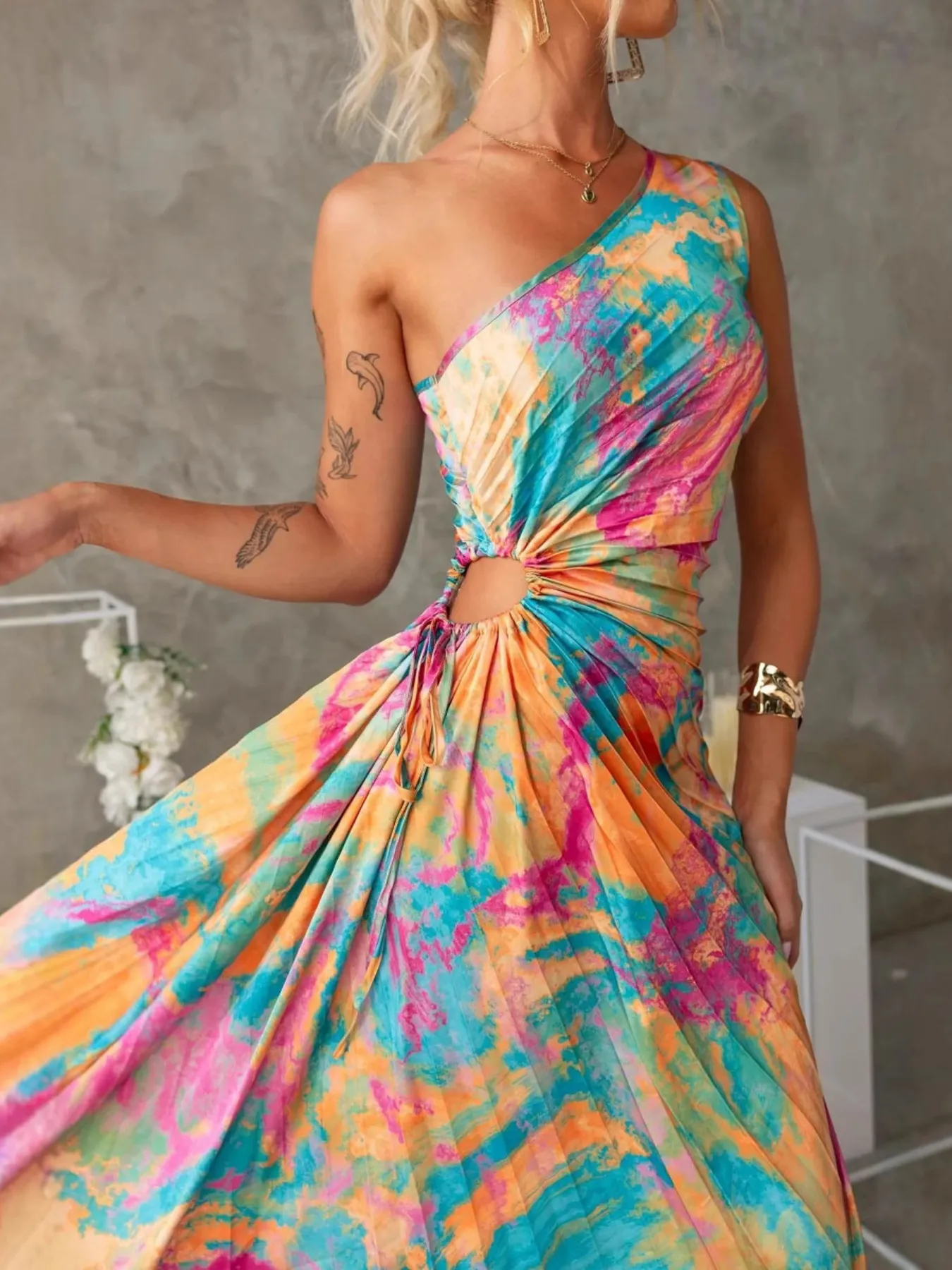 Printed One Shoulder Asymmetrical Maxi Dress - Image 4