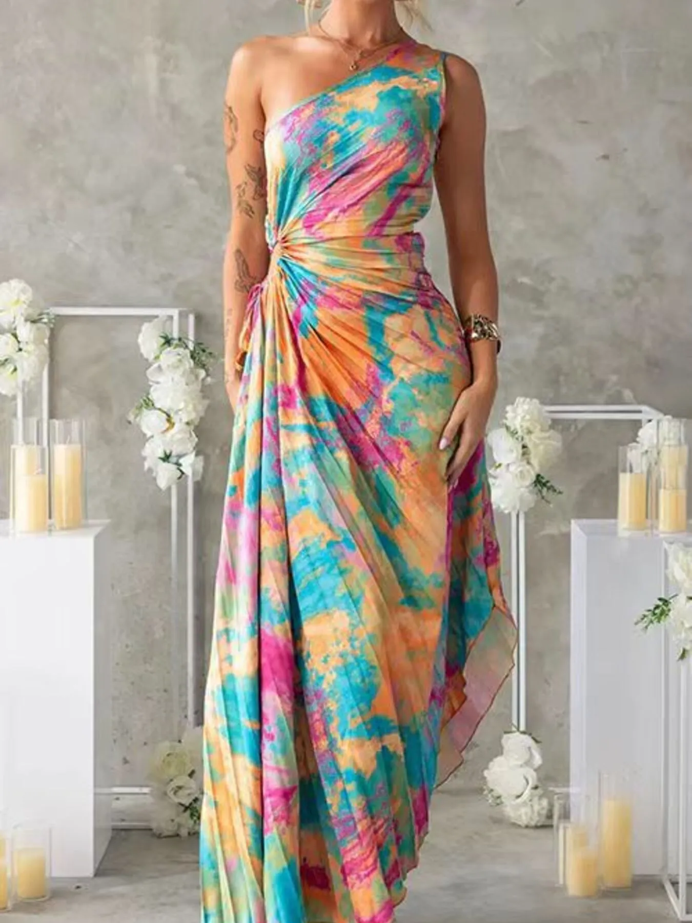 Printed One Shoulder Asymmetrical Maxi Dress - Image 5