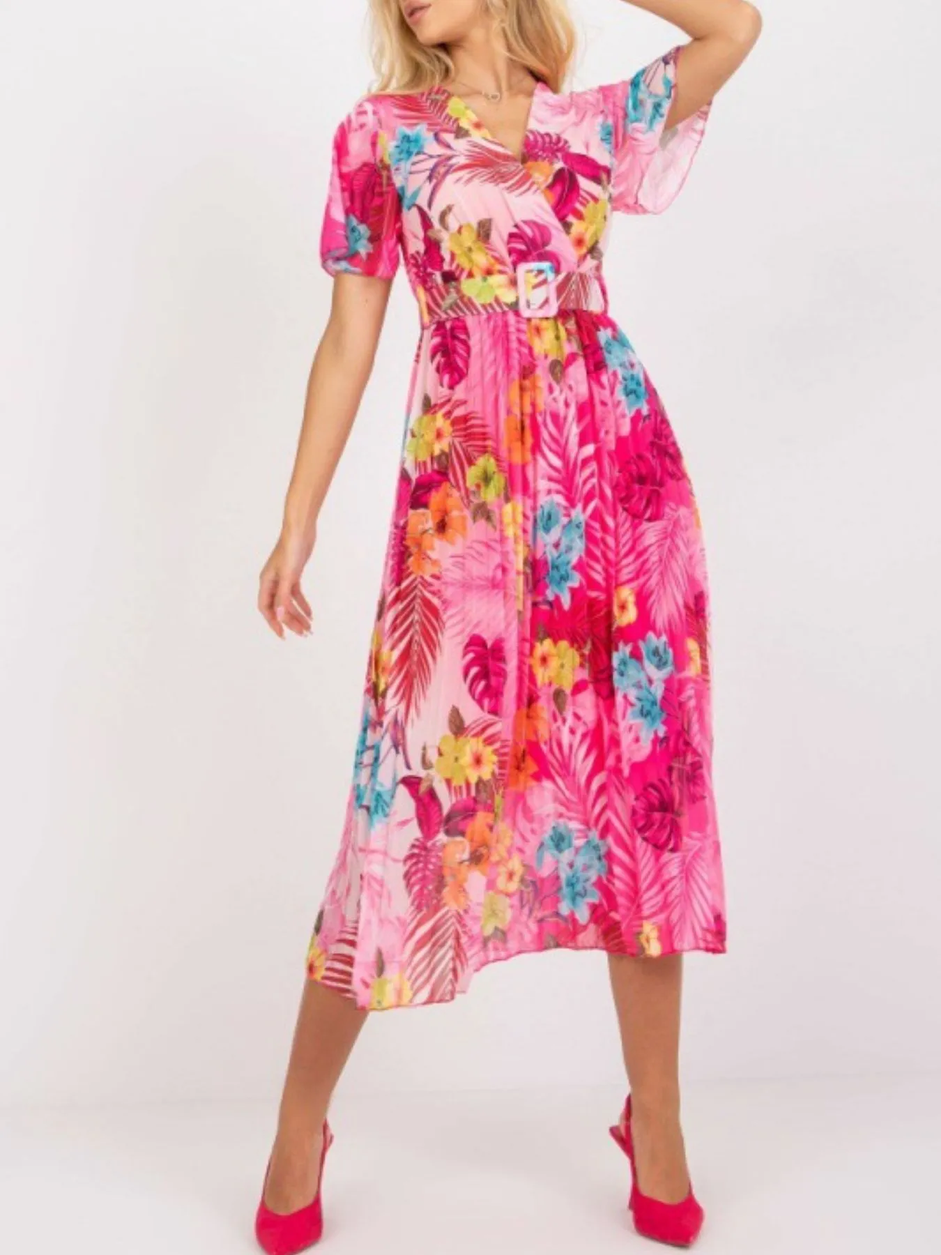 Printed Pleated Midi Wrap Dress with Belt - Image 5