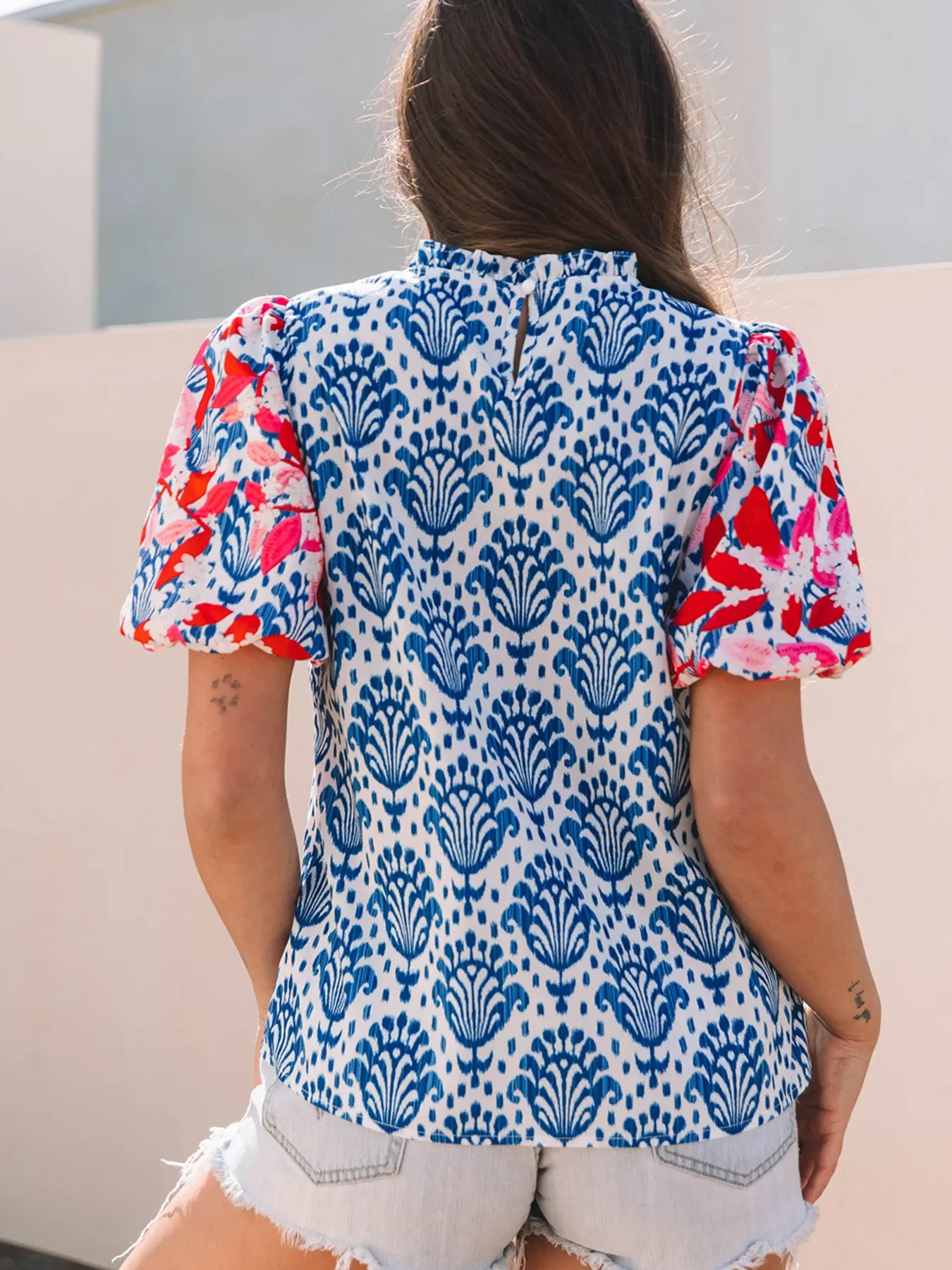 Printed Puff Sleeve Frilled Neck Blouse - Image 2