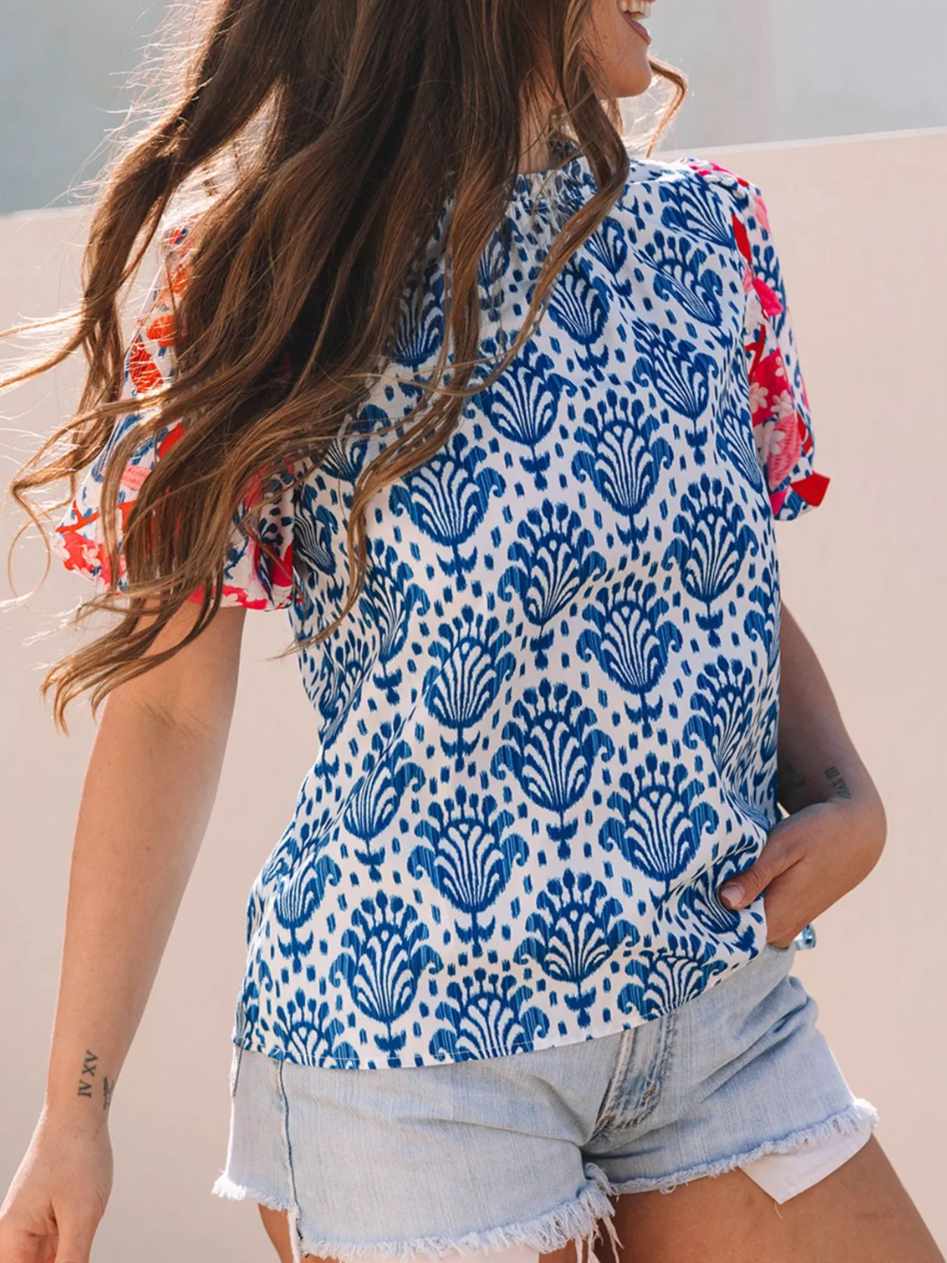 Printed Puff Sleeve Frilled Neck Blouse - Image 3
