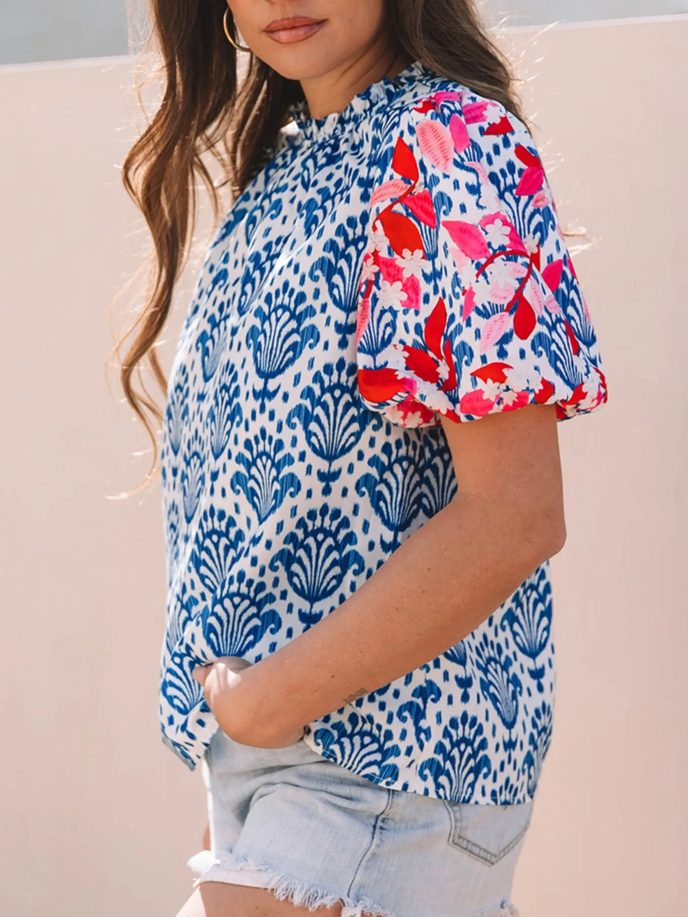 Printed Puff Sleeve Frilled Neck Blouse - Image 4