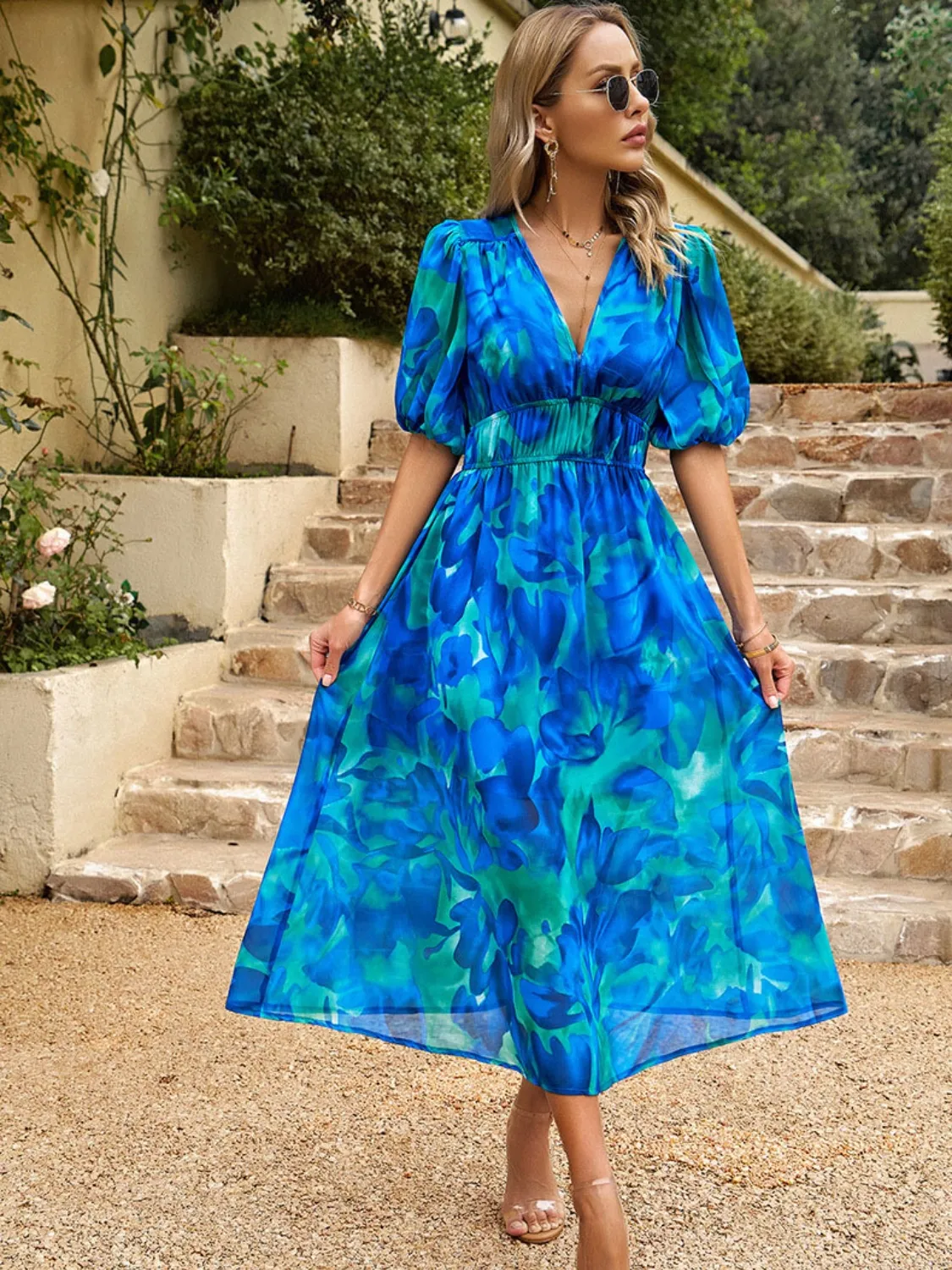 Printed Puff Sleeve Midi Dress - Image 10