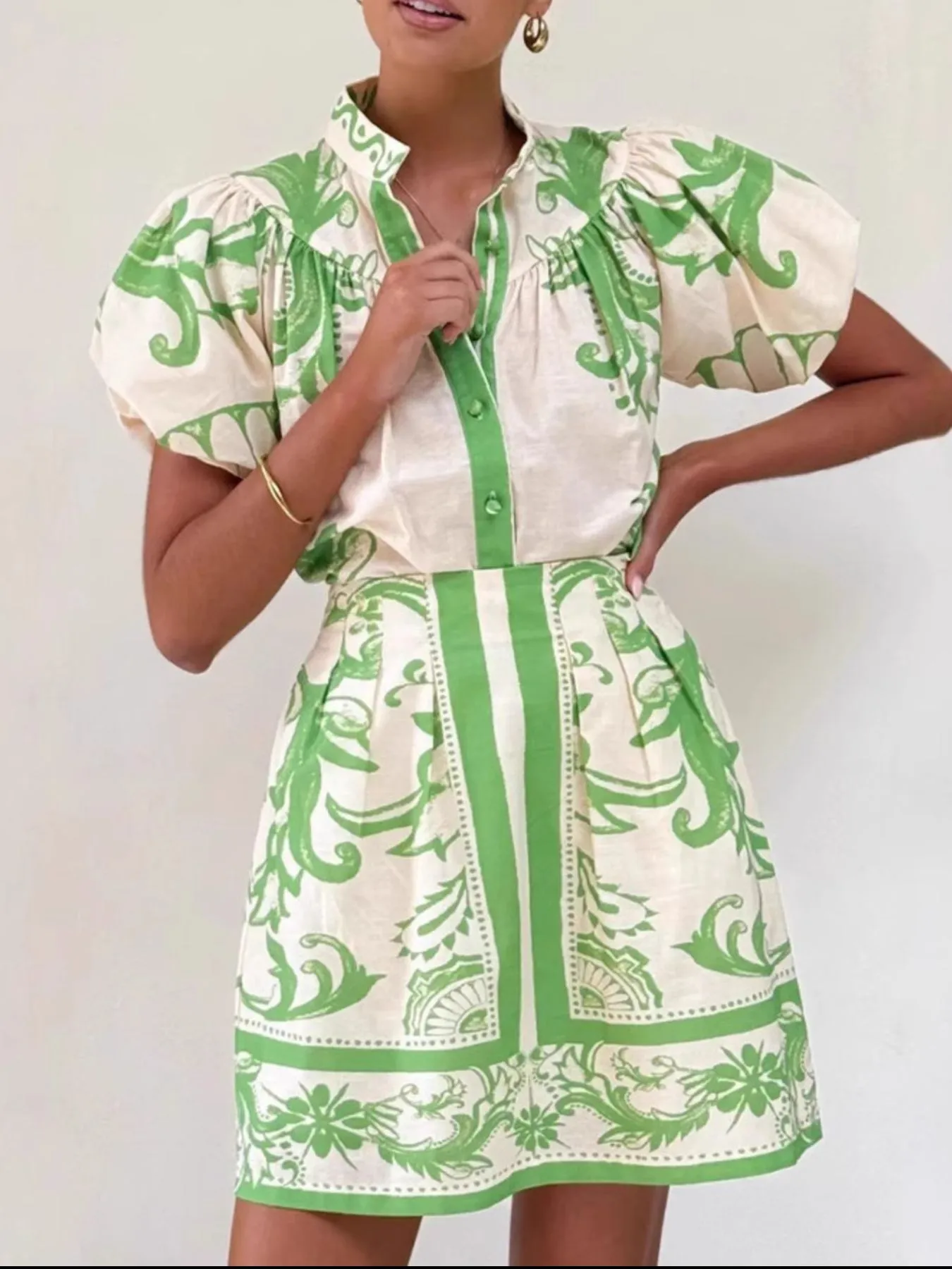Printed Puff Sleeve Top and Skirt Set - Image 10