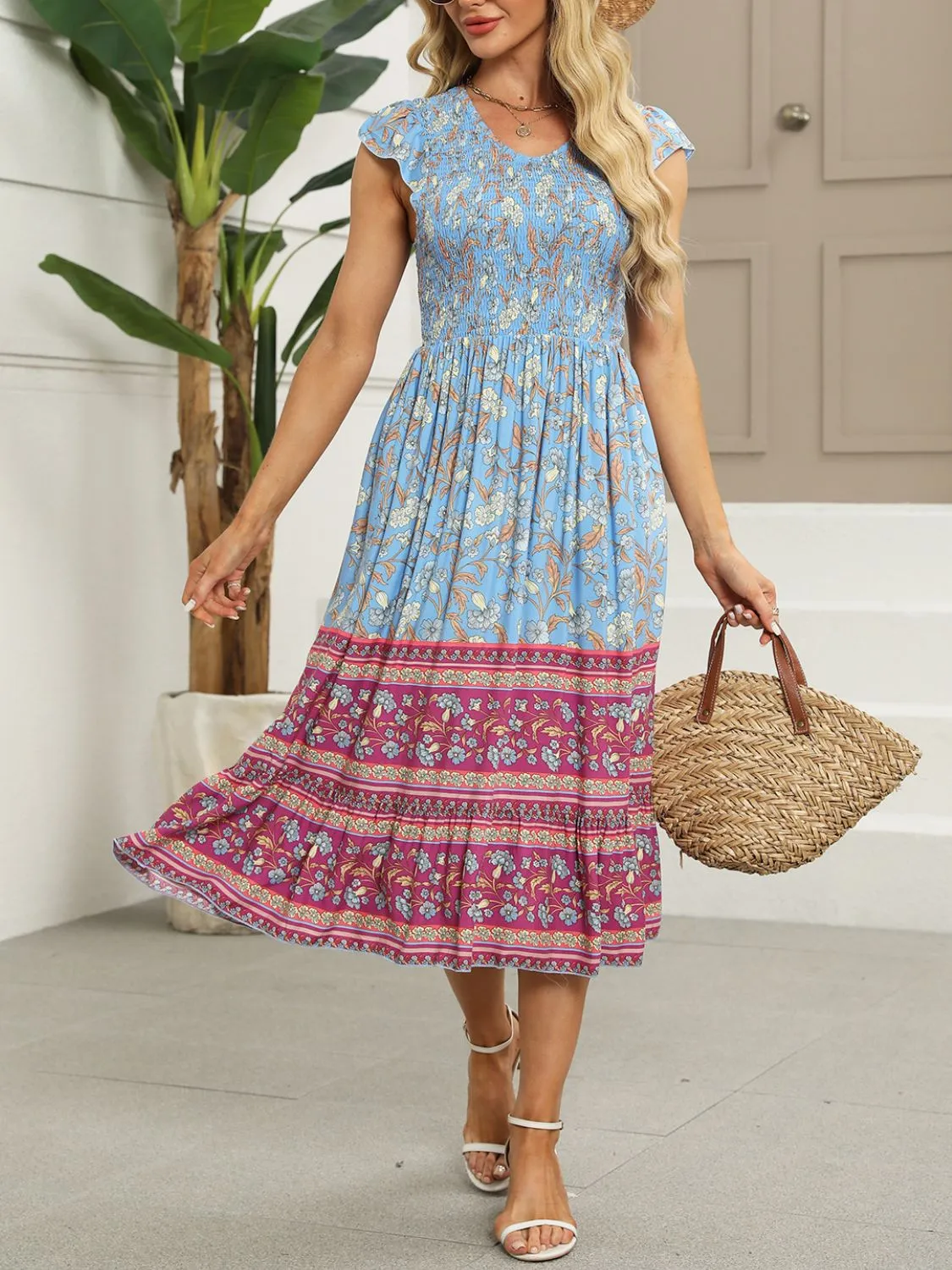Printed Round Neck Cap Sleeve Dress - Image 4