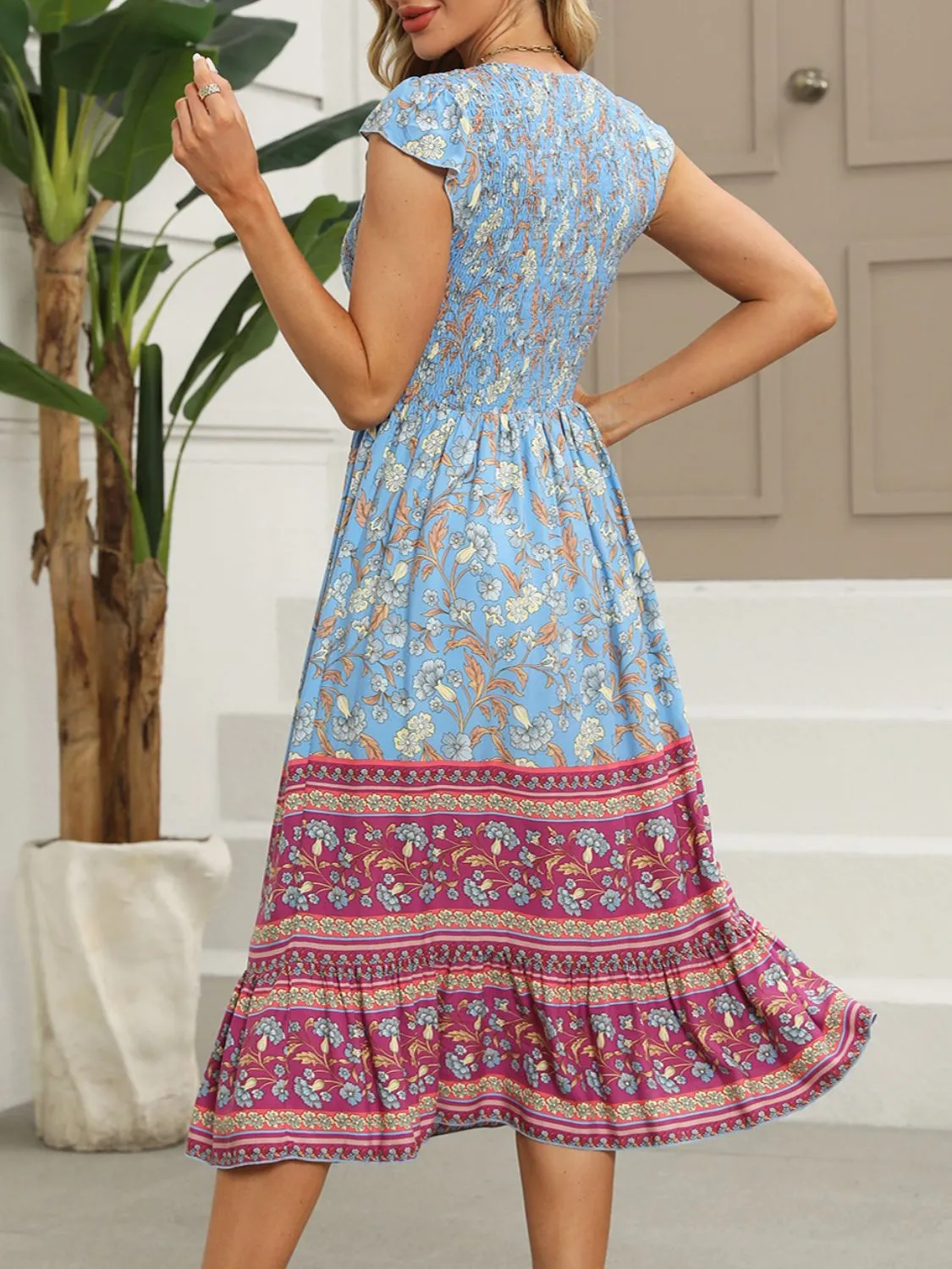 Printed Round Neck Cap Sleeve Dress - Image 5