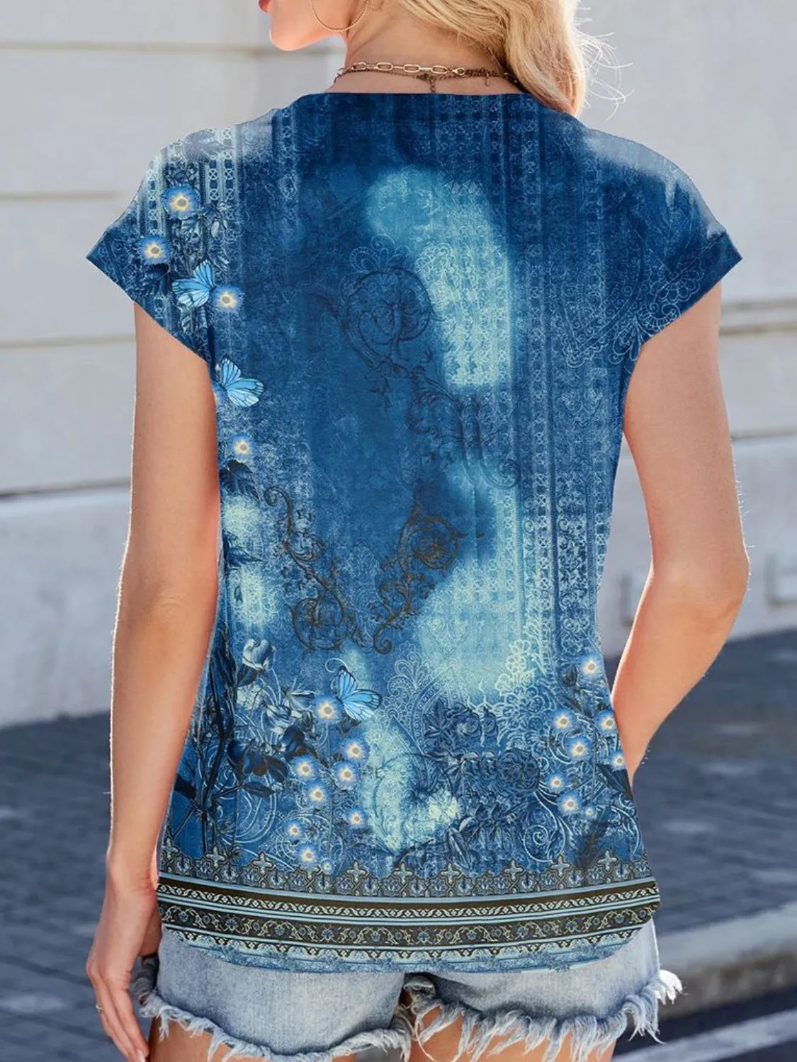 Printed Round Neck Cap Sleeve Top - Image 16