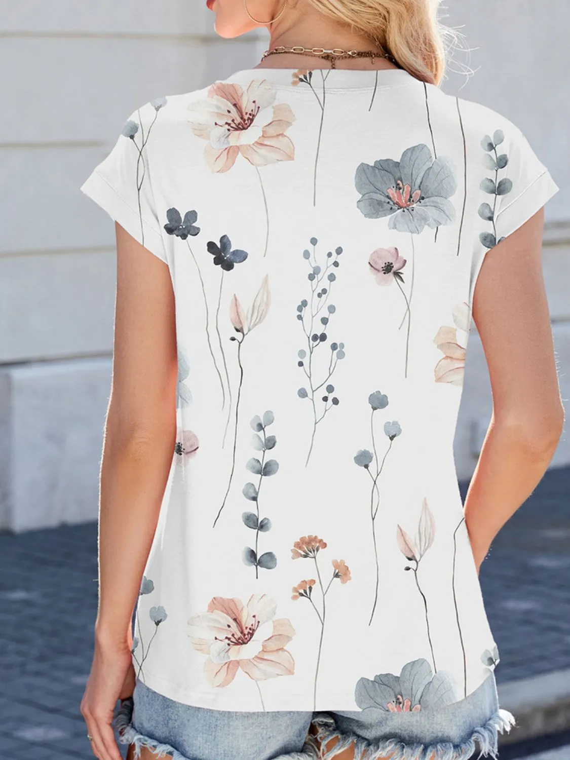 Printed Round Neck Cap Sleeve Top - Image 19