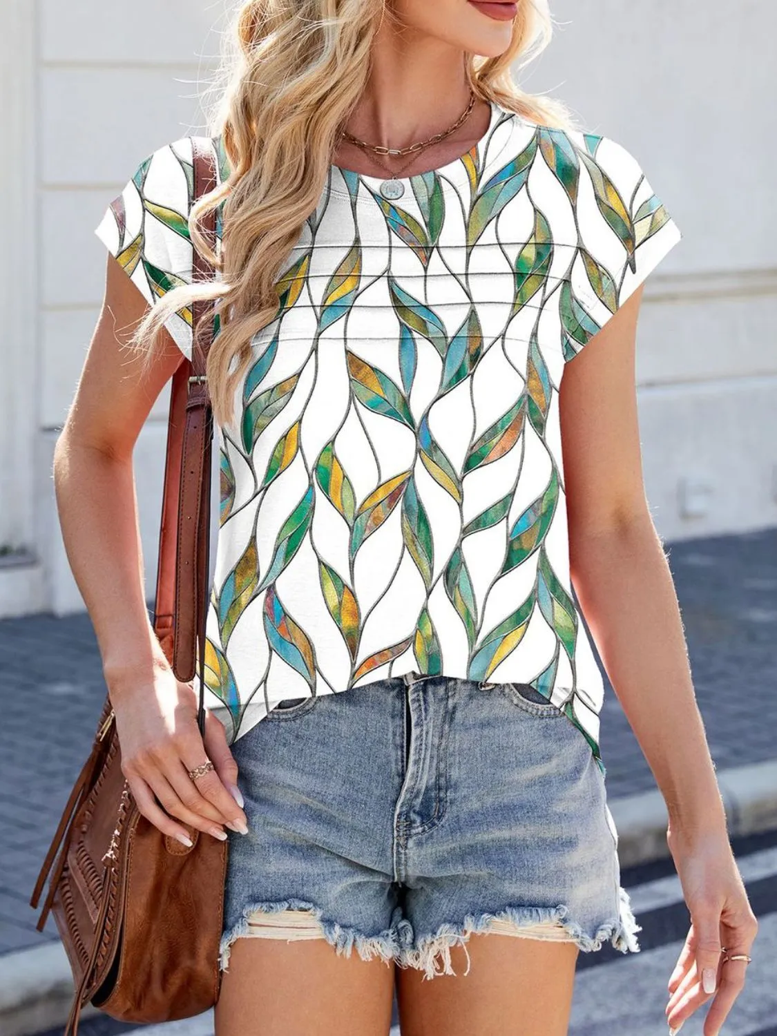 Printed Round Neck Cap Sleeve Top - Image 6
