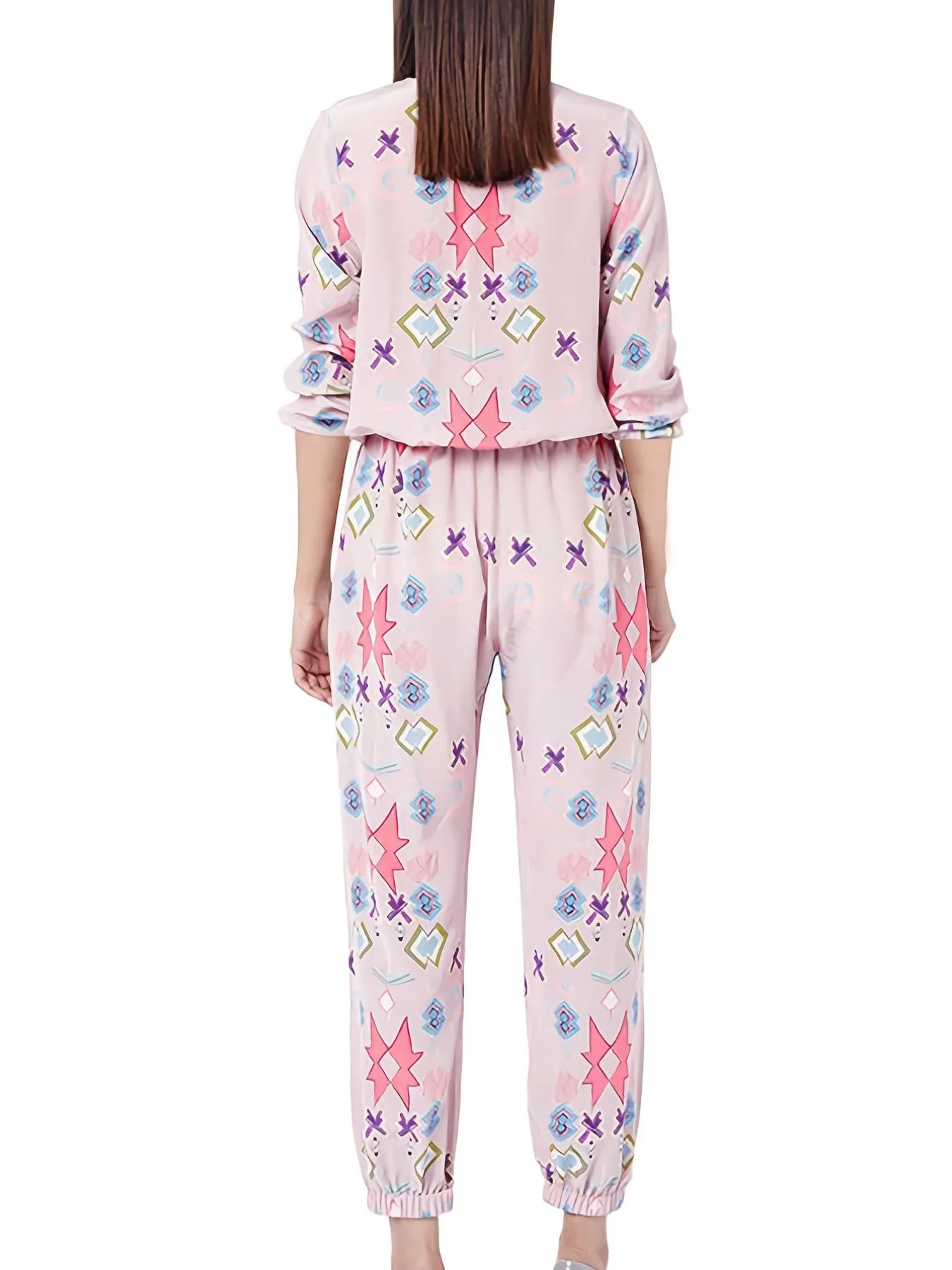 Printed Round Neck Long Sleeve Top and Pants Lounge Set - Image 3