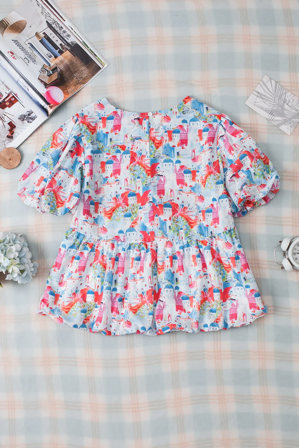 Printed Round Neck Puff Sleeve Blouse - Image 7