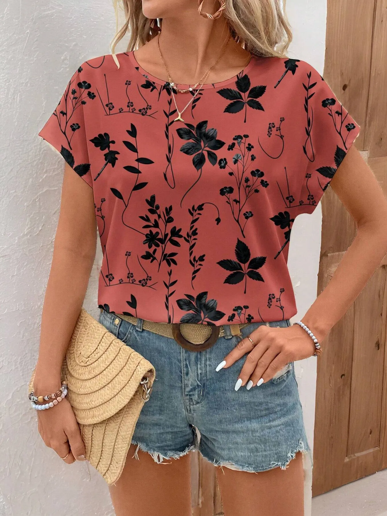 Printed Round Neck Short Sleeve Blouse - Image 6