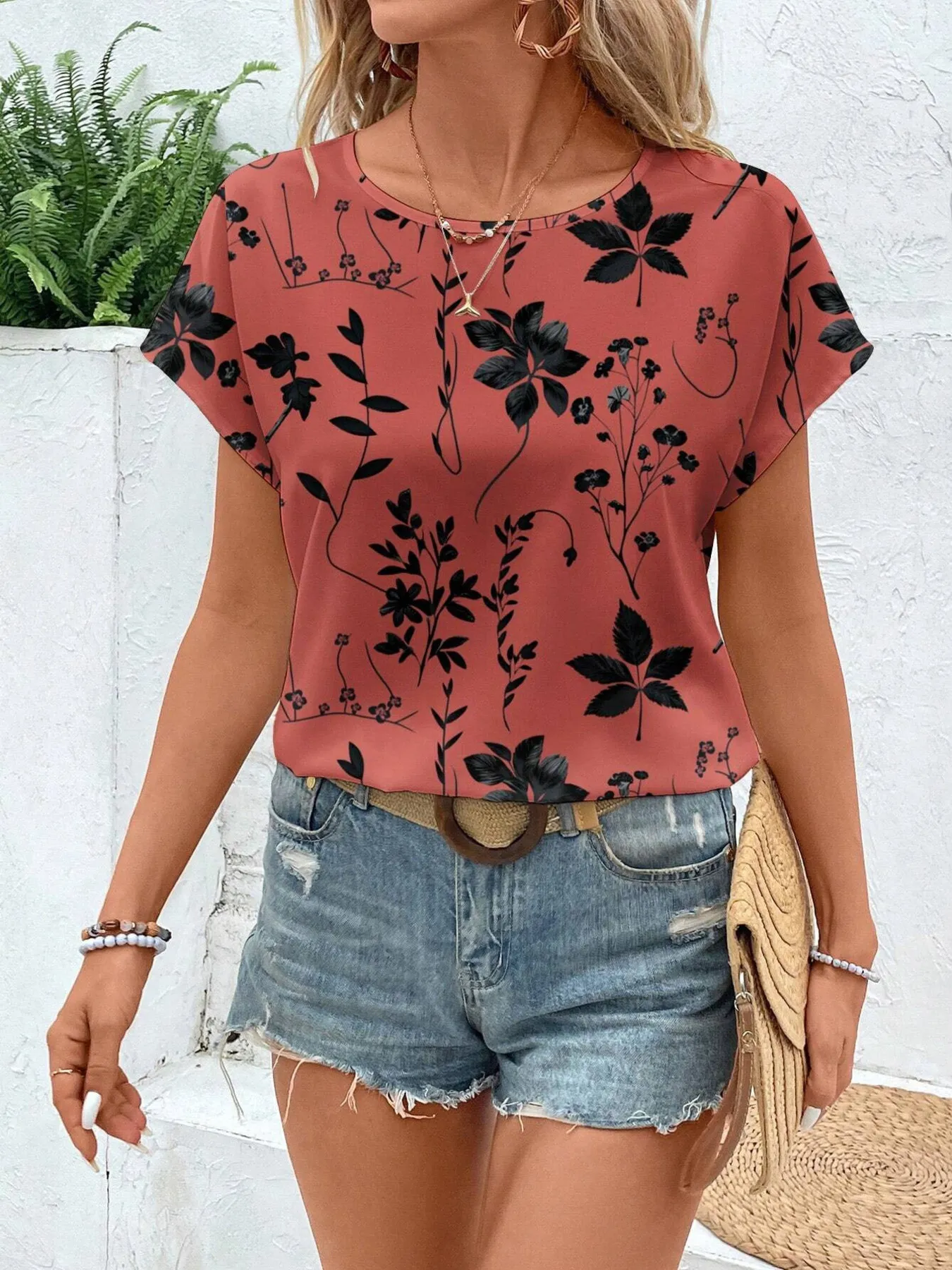 Printed Round Neck Short Sleeve Blouse - Image 8