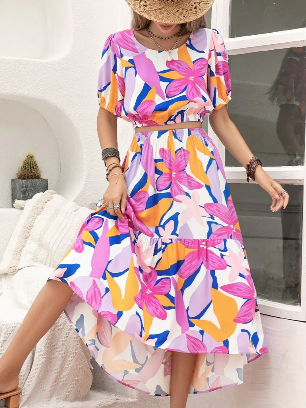 Printed Round Neck Top and Skirt Set - Image 4