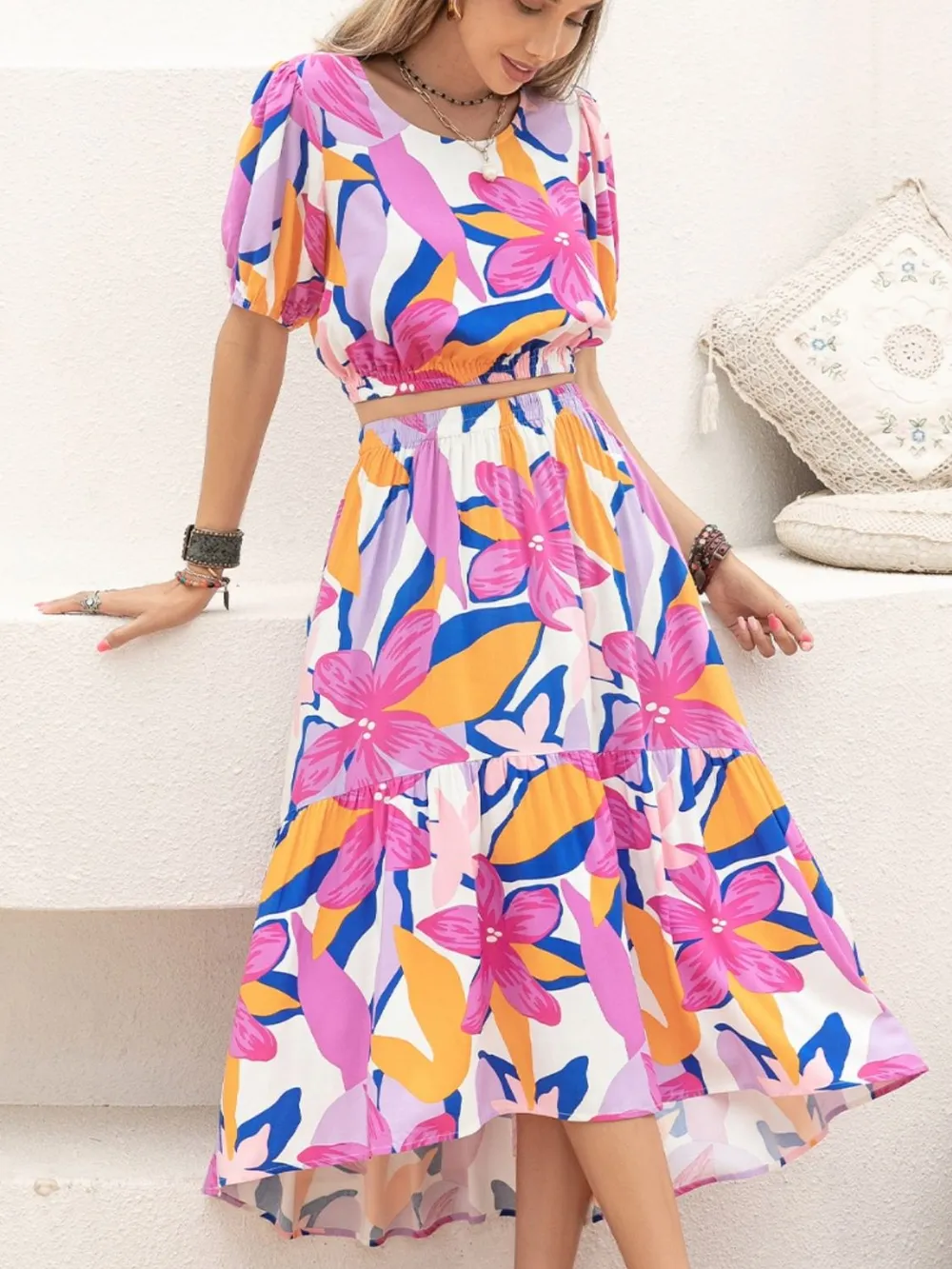 Printed Round Neck Top and Skirt Set - Image 5