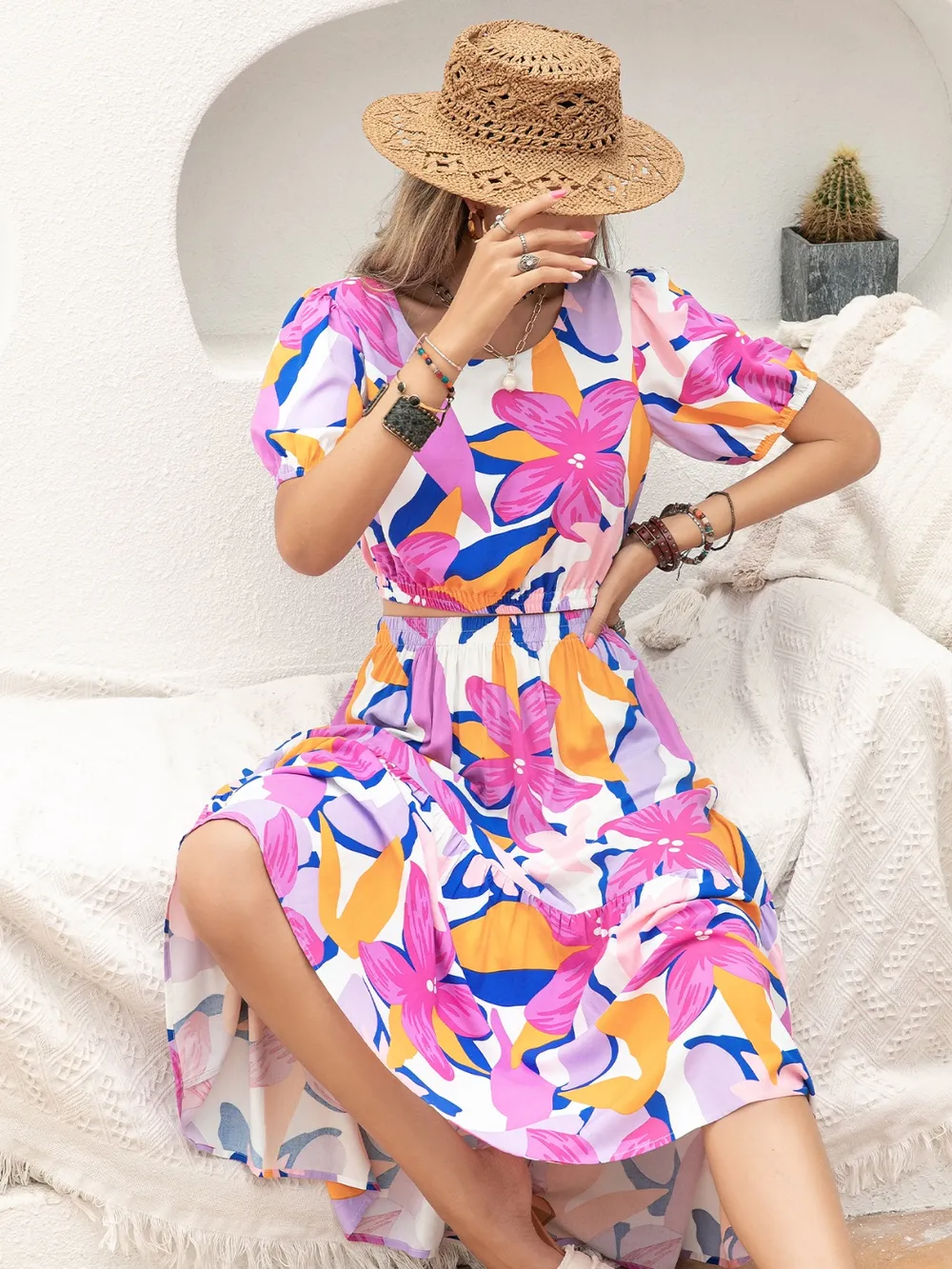 Printed Round Neck Top and Skirt Set - Image 6