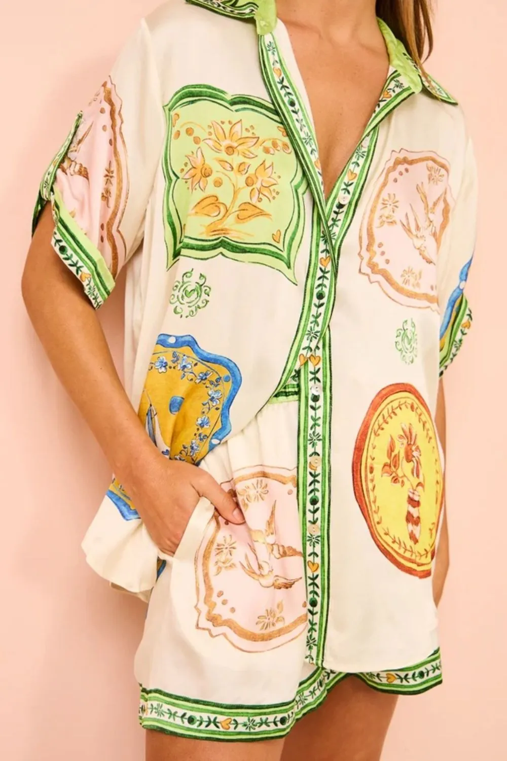 Printed Short Sleeve Button Down Top and Shorts Set