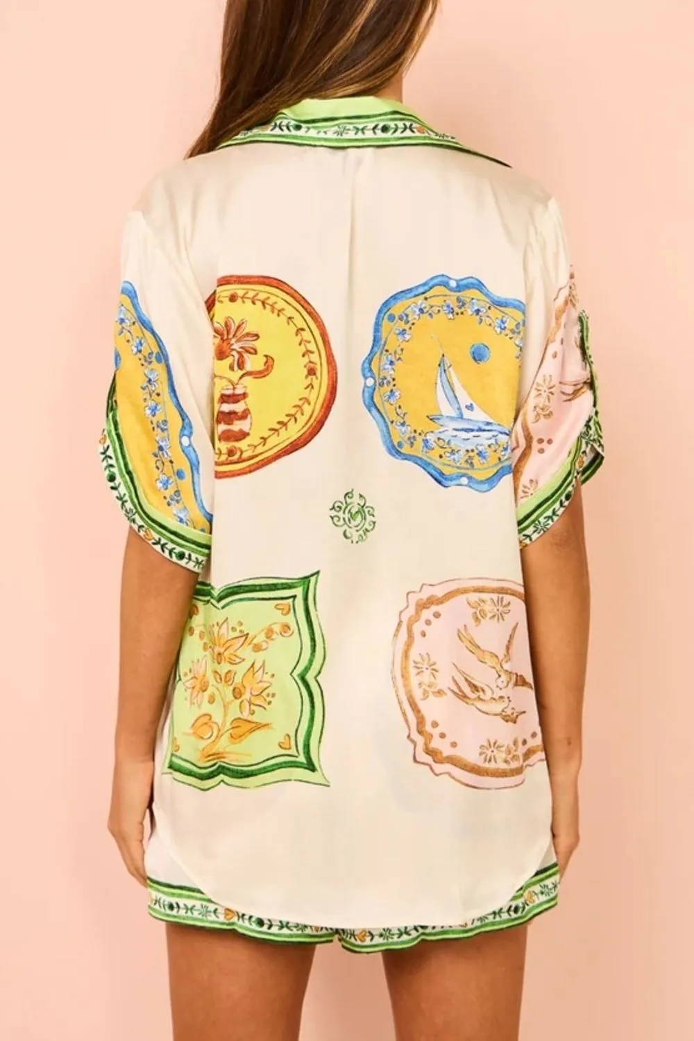Printed Short Sleeve Button Down Top and Shorts Set - Image 3