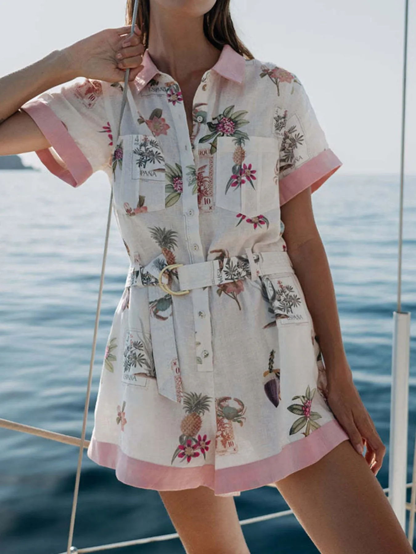 Printed Short Sleeve Romper with Belt - Image 2