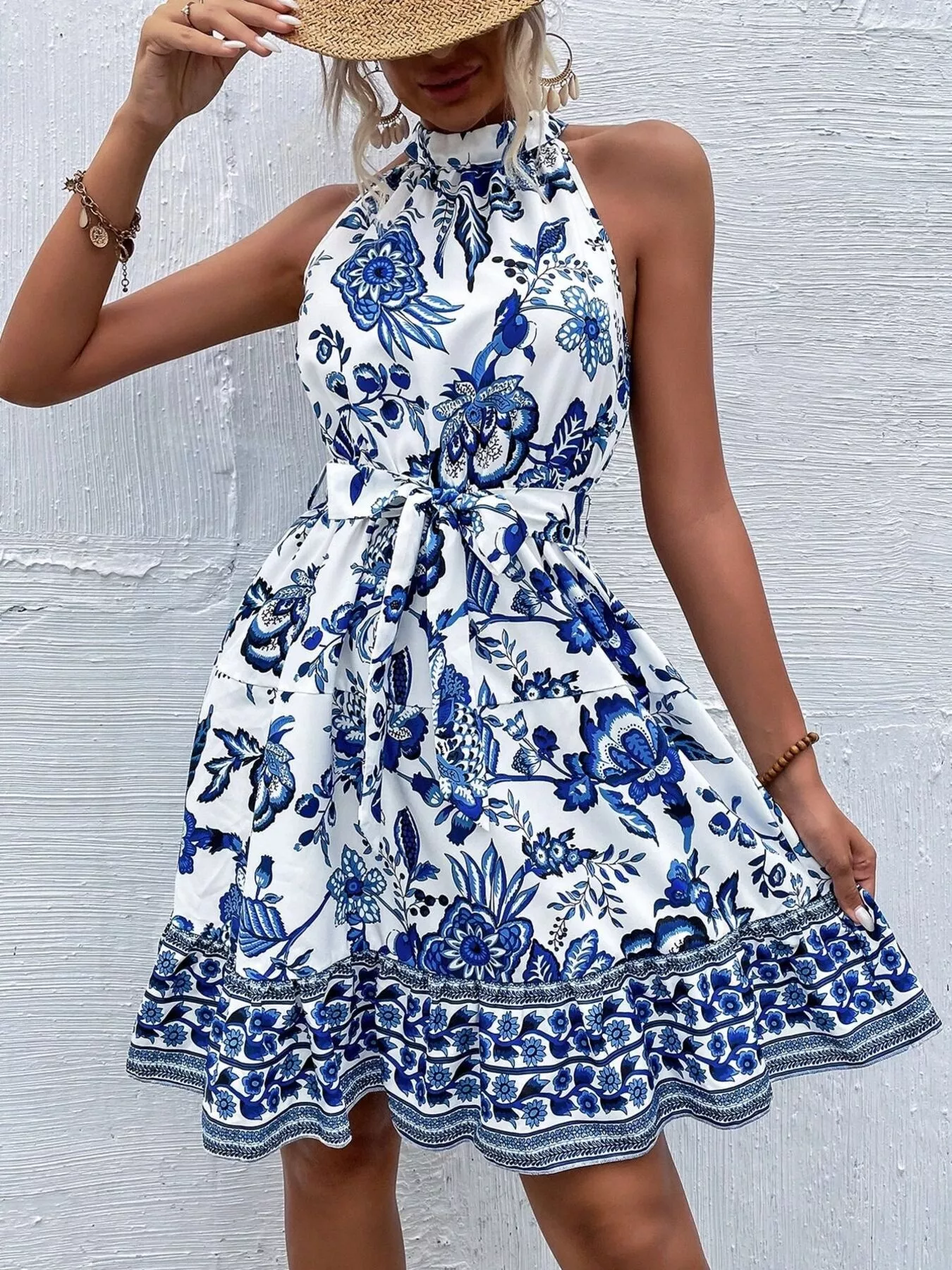 Printed Sleeveless Tie Waist Dress - Image 3