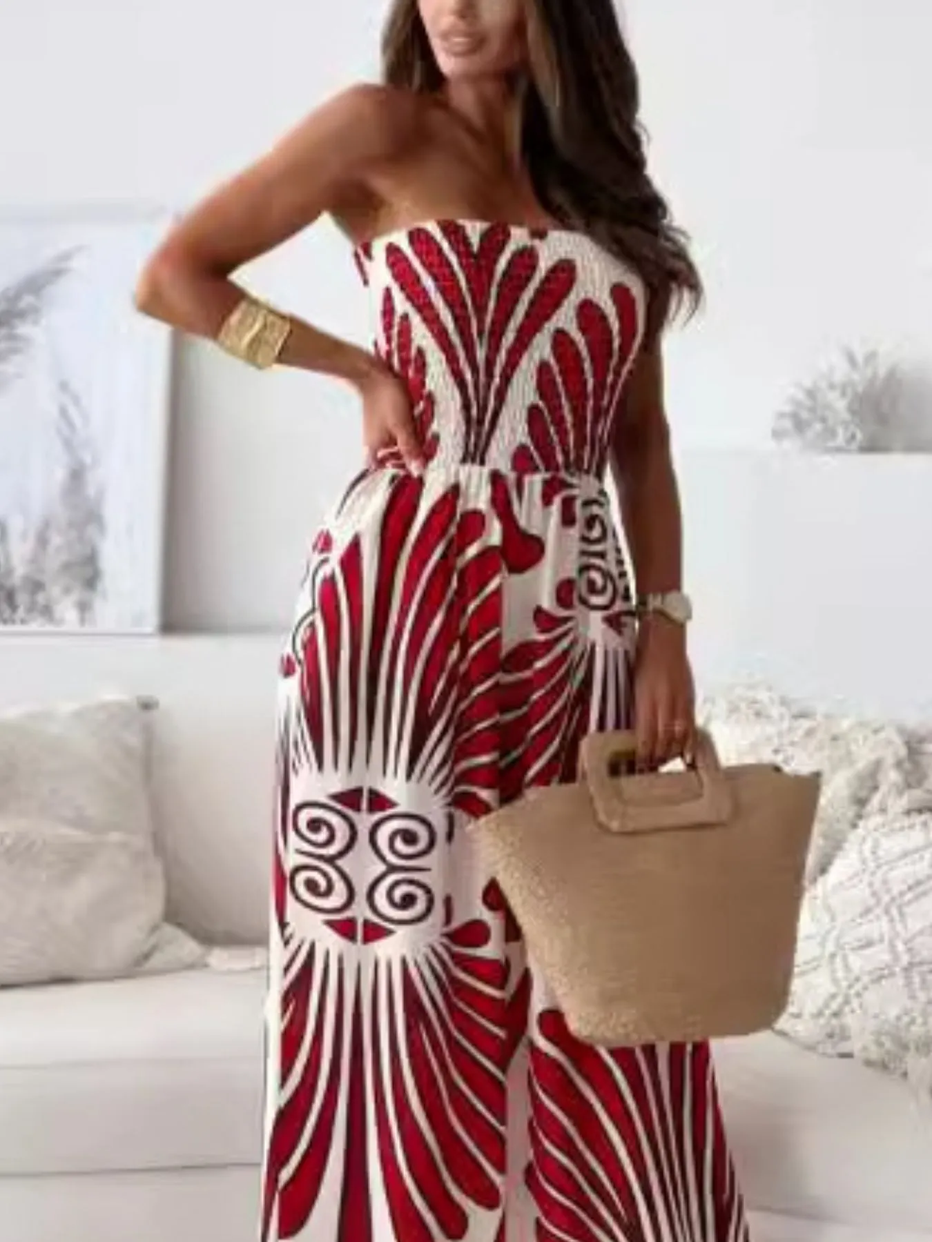 Printed Smocked Tube Wide Leg Jumpsuit - Image 8