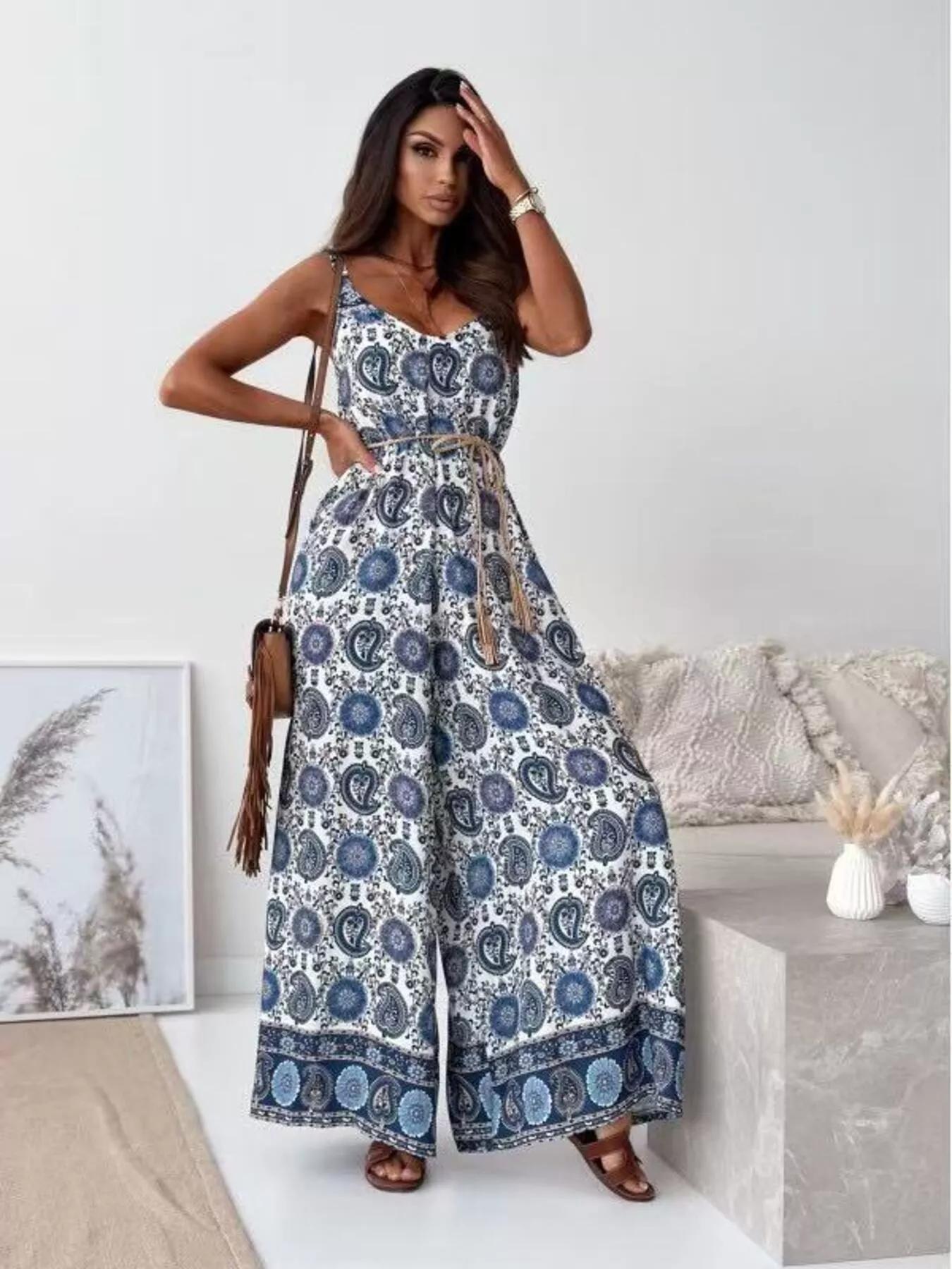 Printed Spaghetti Strap Wide-Leg Jumpsuit