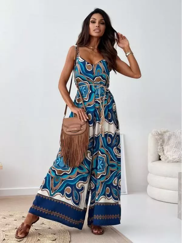 Printed Spaghetti Strap Wide-Leg Jumpsuit - Image 9