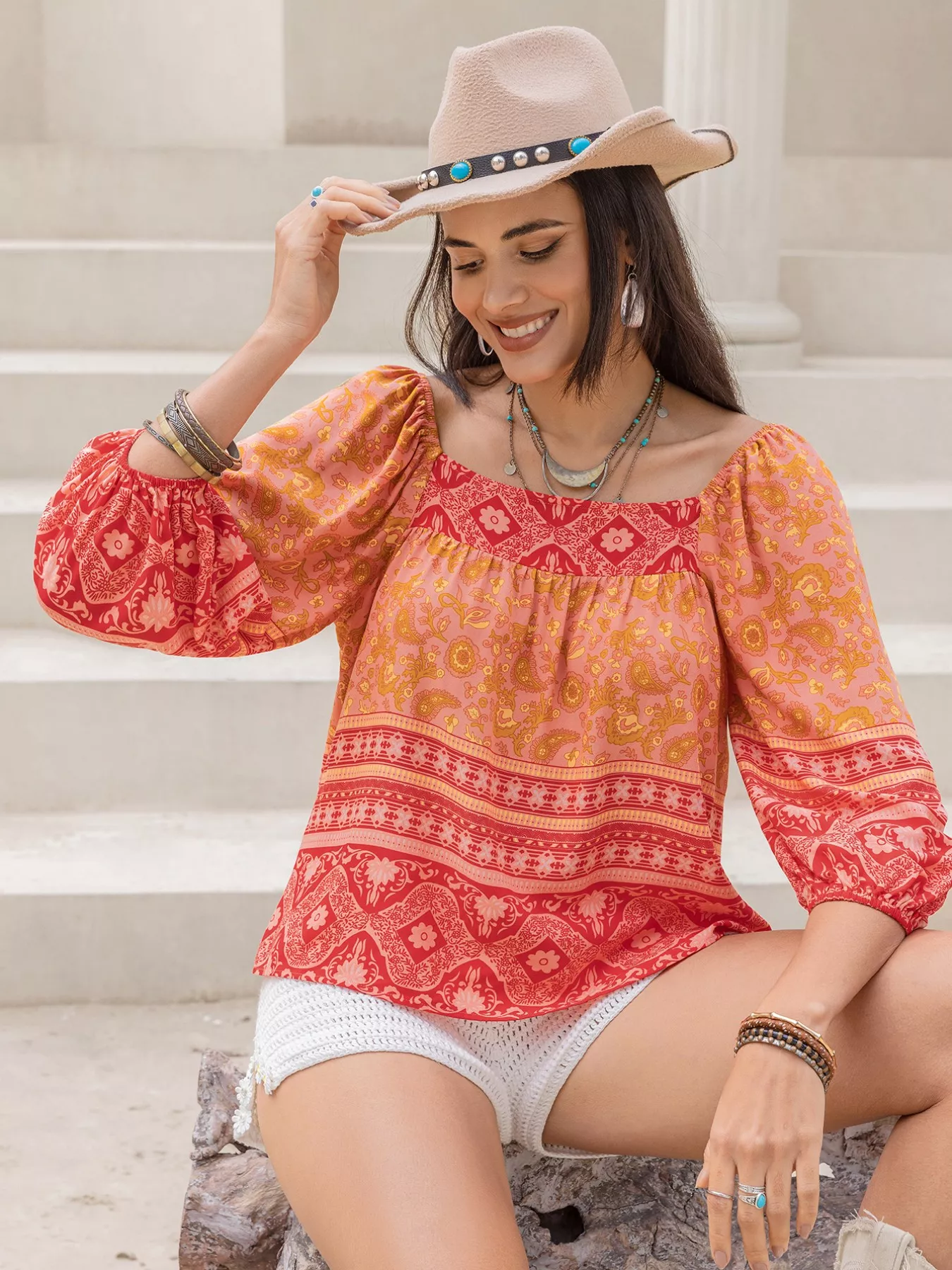 Printed Square Neck Balloon Sleeve Blouse - Image 2